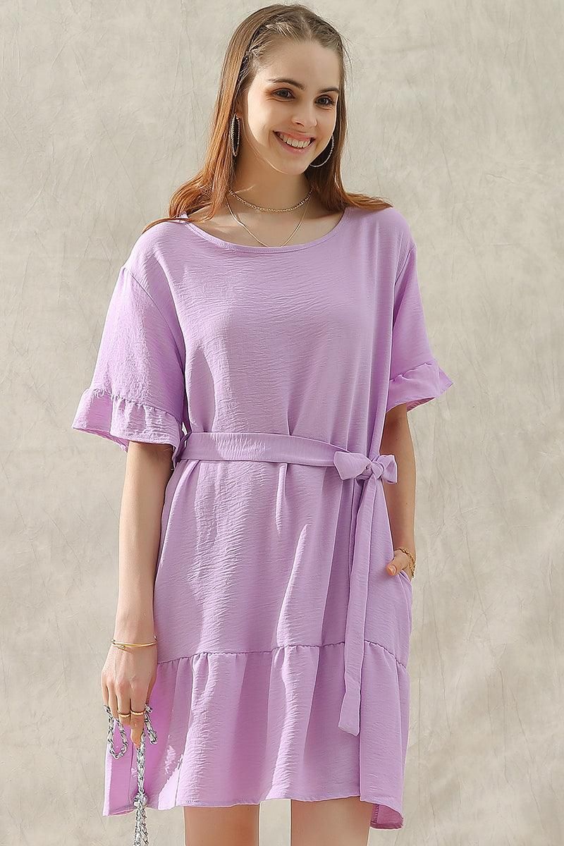 ROUND NECK WAIST BOW TIE RUFFLE SHORT DRESS - Doublju