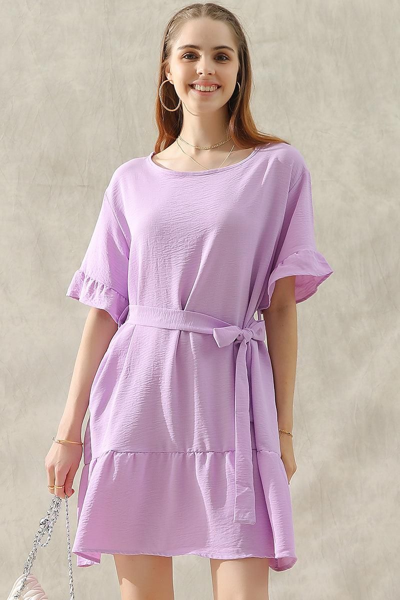 ROUND NECK WAIST BOW TIE RUFFLE SHORT DRESS - Doublju