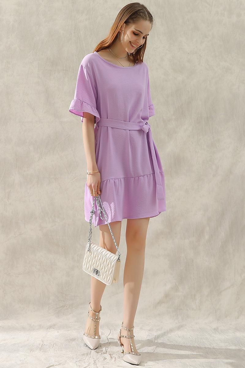 ROUND NECK WAIST BOW TIE RUFFLE SHORT DRESS - Doublju