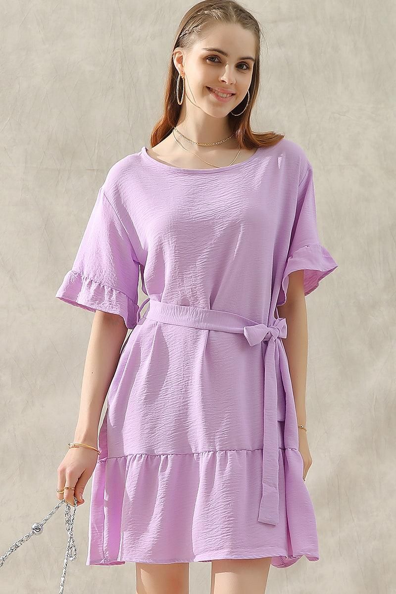 ROUND NECK WAIST BOW TIE RUFFLE SHORT DRESS - Doublju