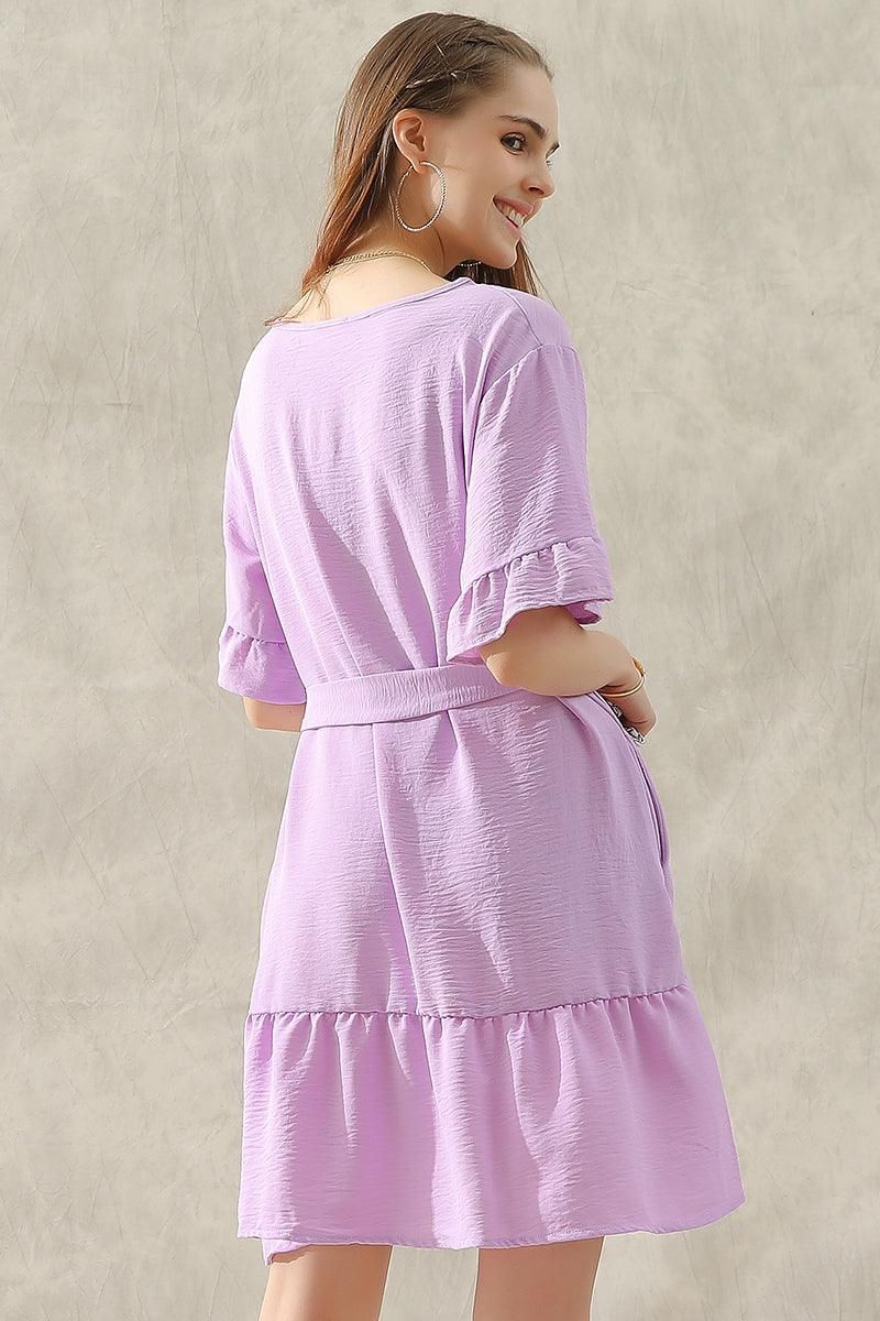 ROUND NECK WAIST BOW TIE RUFFLE SHORT DRESS - Doublju