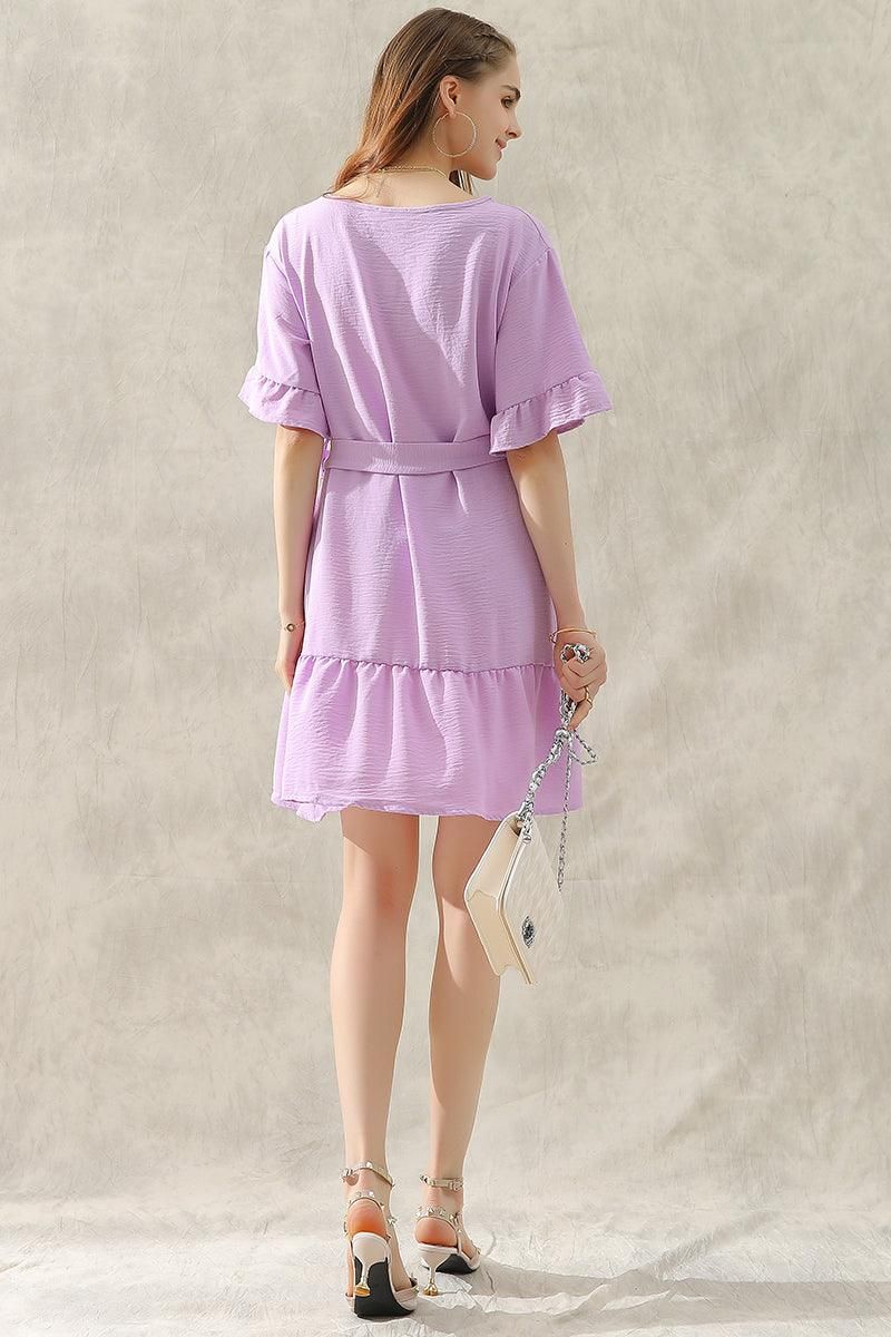 ROUND NECK WAIST BOW TIE RUFFLE SHORT DRESS - Doublju