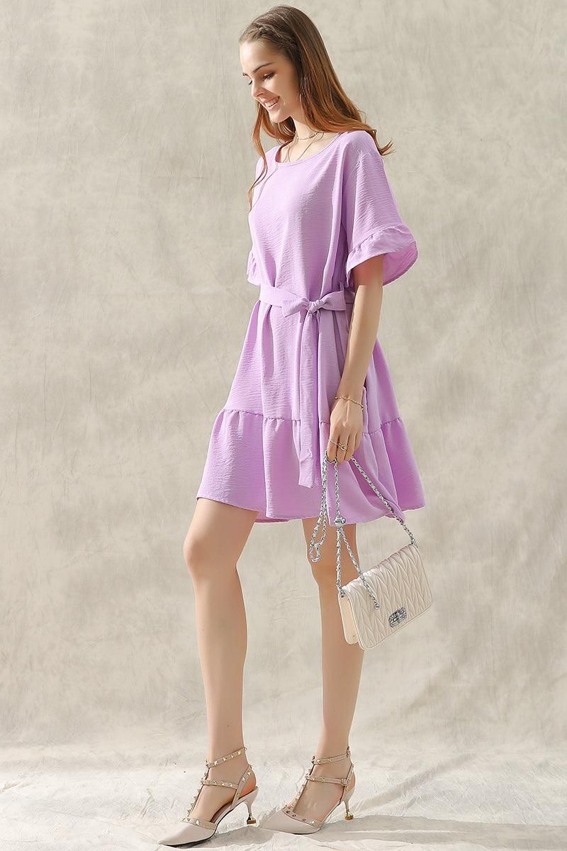 ROUND NECK WAIST BOW TIE RUFFLE SHORT DRESS - Doublju
