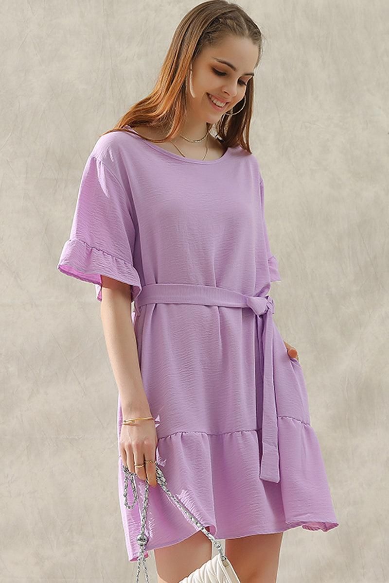 ROUND NECK WAIST BOW TIE RUFFLE SHORT DRESS - Doublju