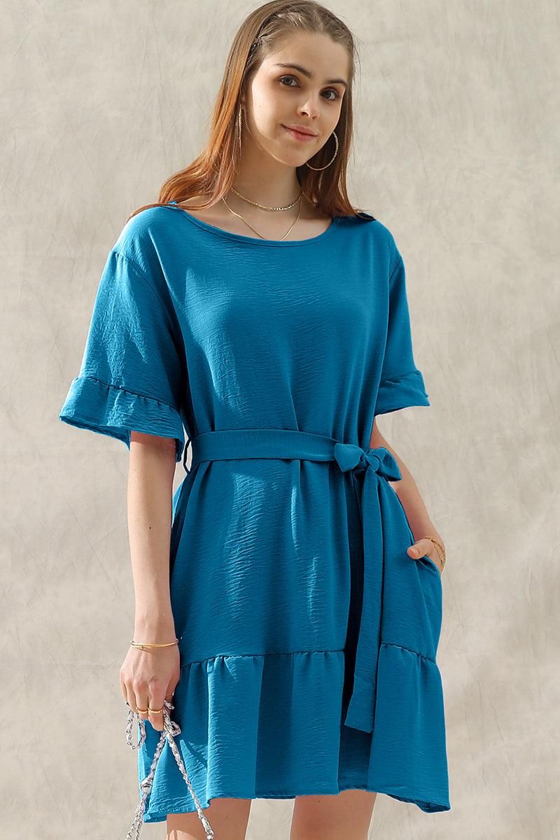 ROUND NECK WAIST BOW TIE RUFFLE SHORT DRESS - Doublju