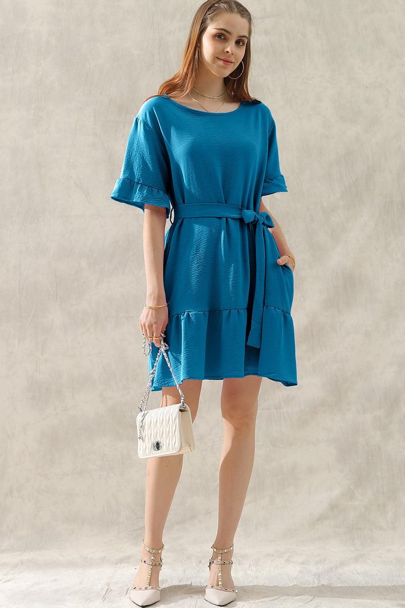 ROUND NECK WAIST BOW TIE RUFFLE SHORT DRESS - Doublju