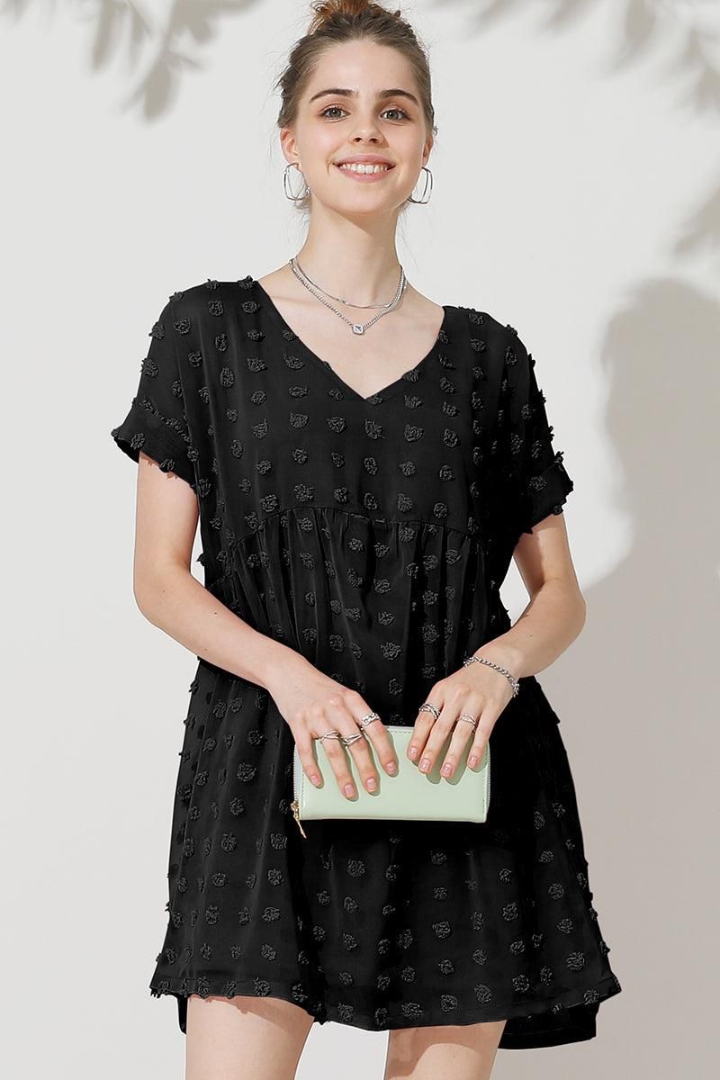 V NECK DOT CHIFFON SHORT LOVELY DRESS - Doublju