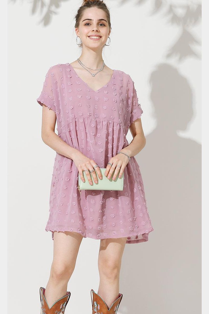 V NECK DOT CHIFFON SHORT LOVELY DRESS - Doublju