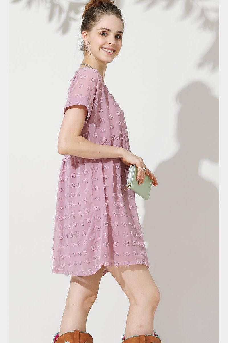V NECK DOT CHIFFON SHORT LOVELY DRESS - Doublju