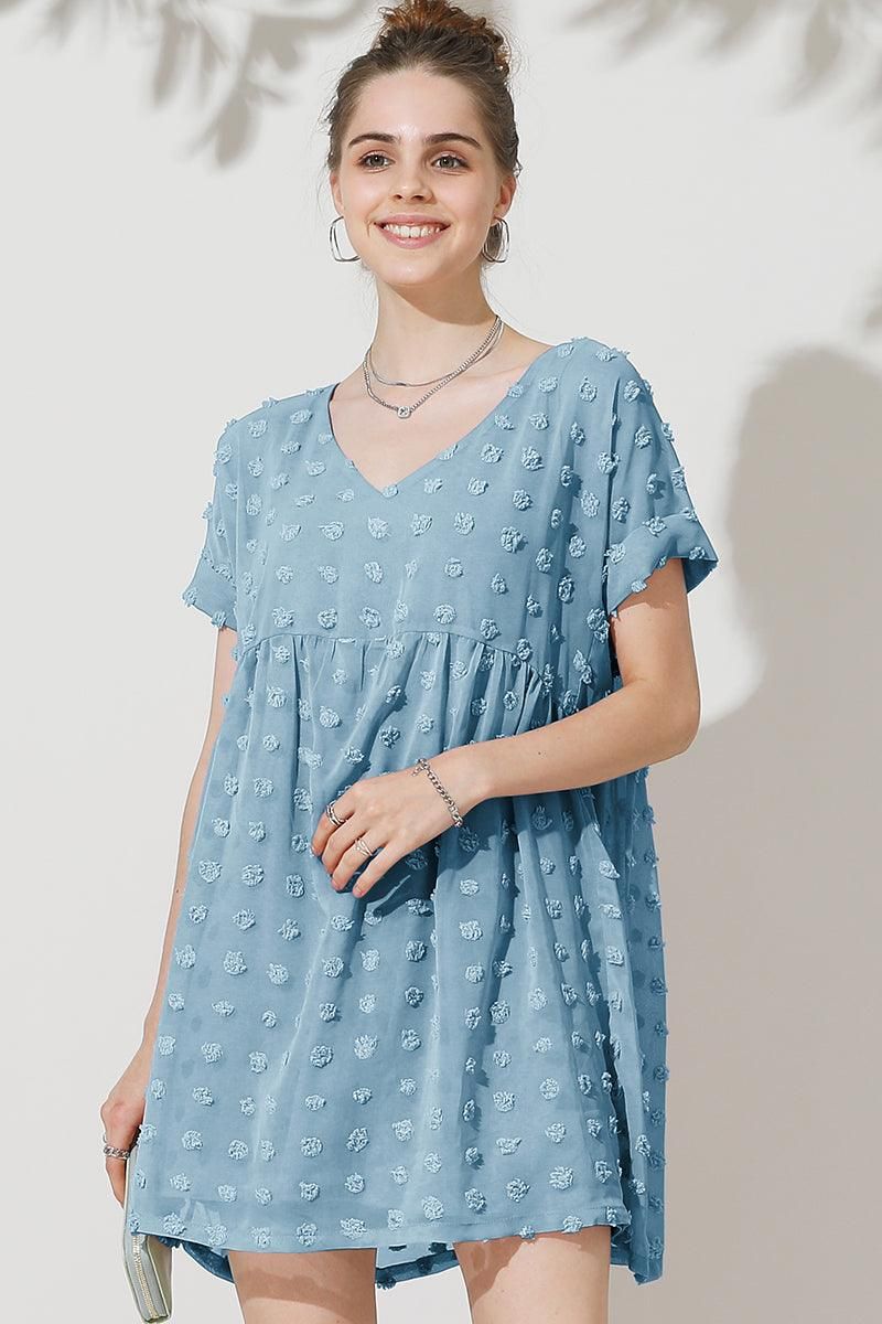 V NECK DOT CHIFFON SHORT LOVELY DRESS - Doublju