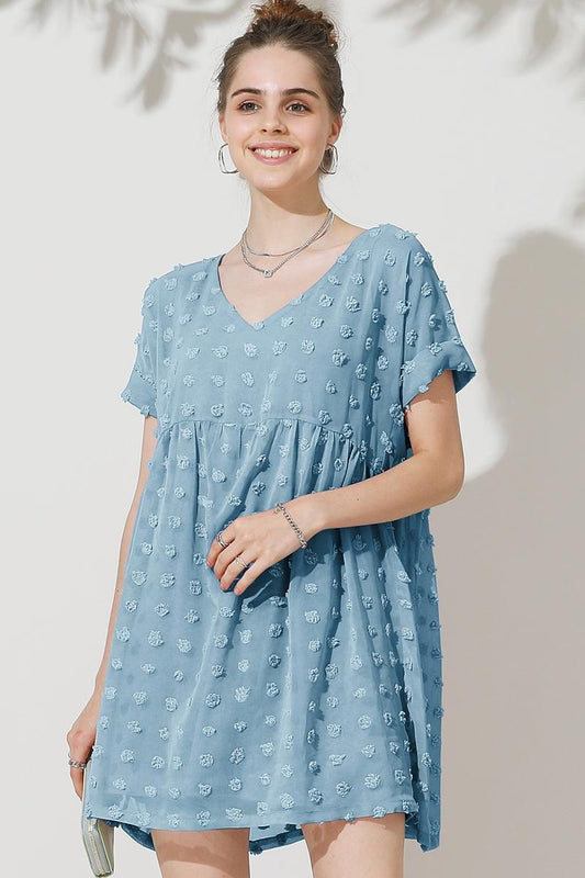 V NECK DOT CHIFFON SHORT LOVELY DRESS - Doublju