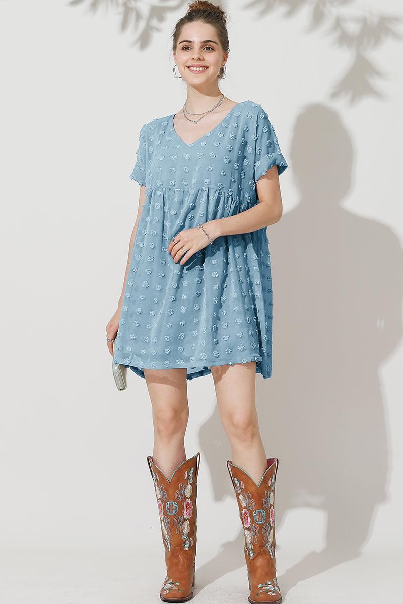 V NECK DOT CHIFFON SHORT LOVELY DRESS - Doublju