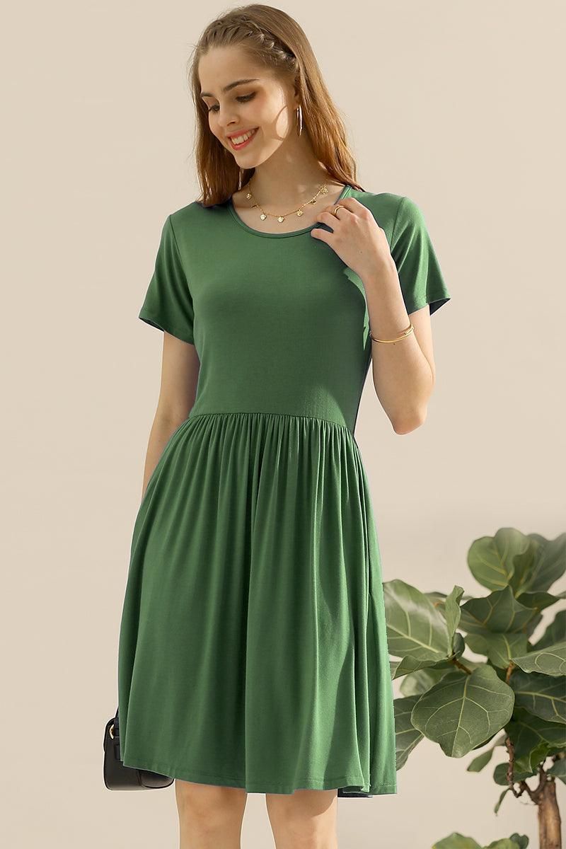 CREWNECK SHIRRED FLOWY SWING SHORT SLEEVE DRESSES - Doublju