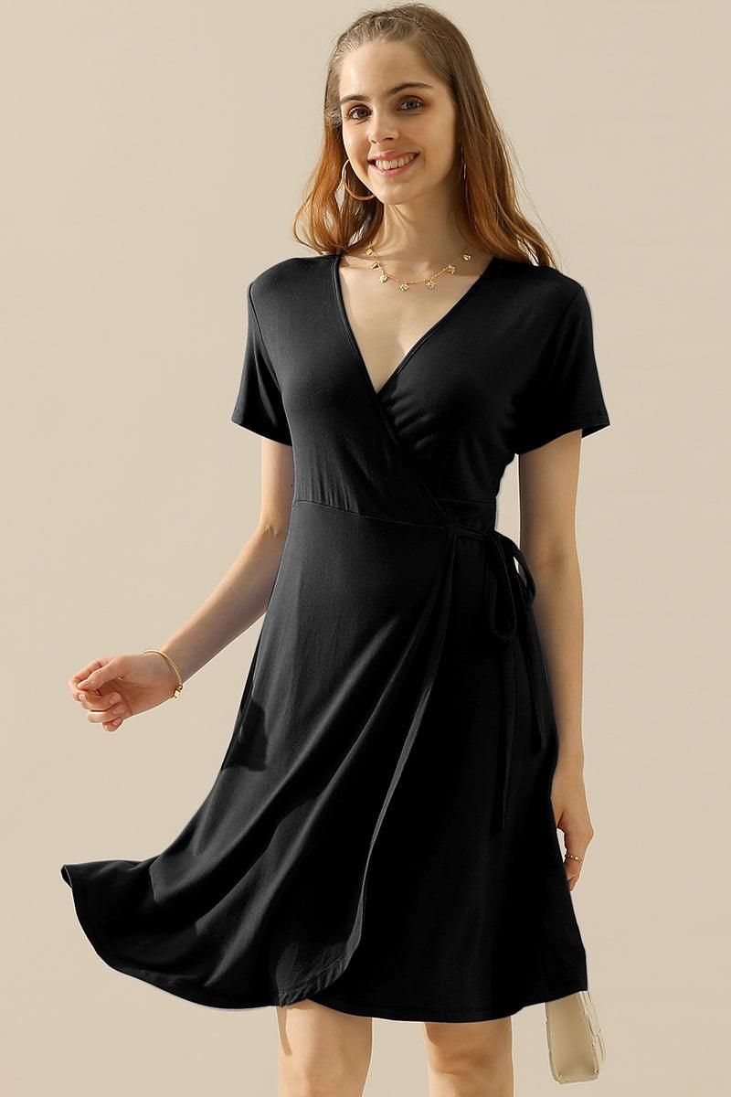 V NECK CASUALSHORT SLEEVE WRAP DRESSES - Doublju