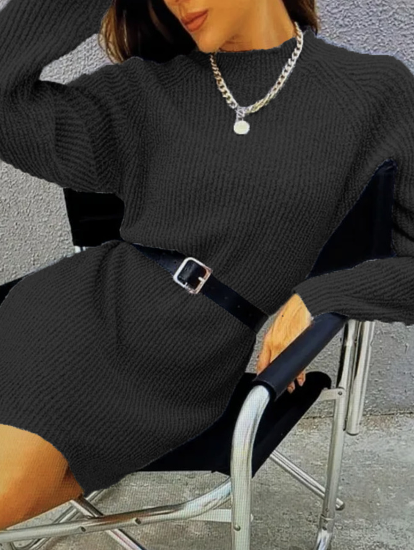 Knit plain color loose long-sleeved dress