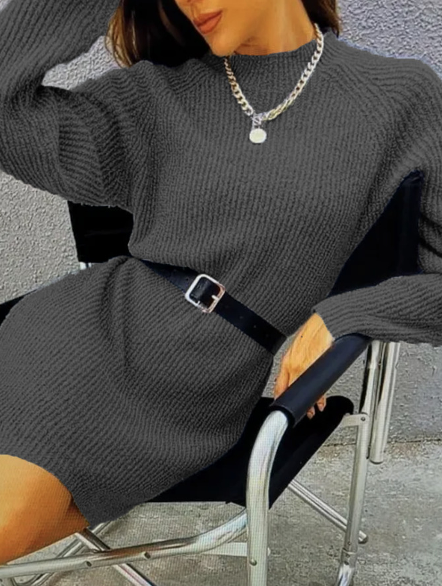 Knit plain color loose long-sleeved dress