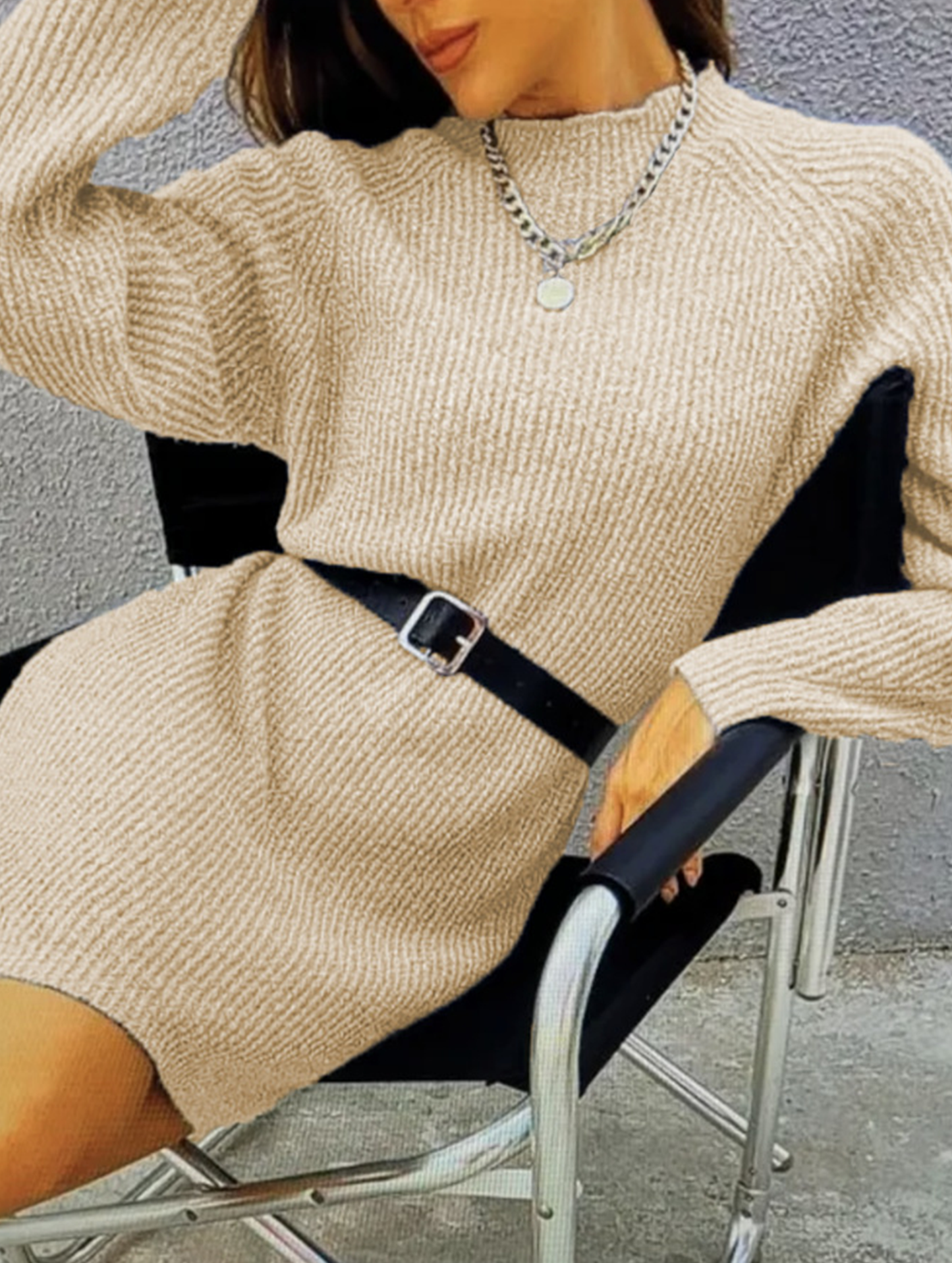 Knit plain color loose long-sleeved dress