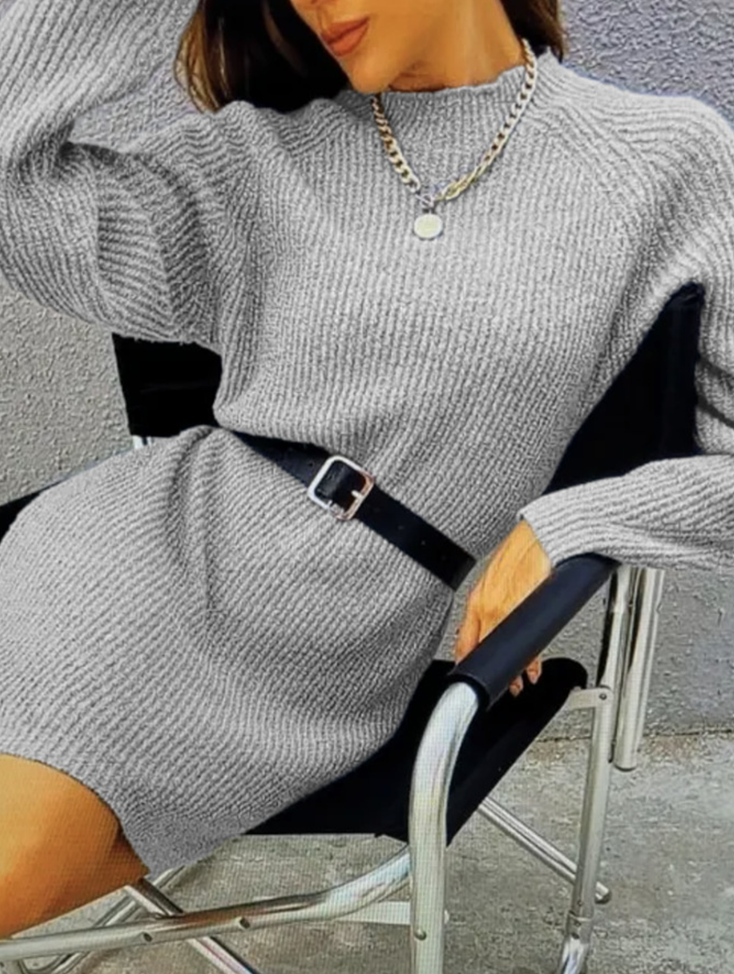 Knit plain color loose long-sleeved dress