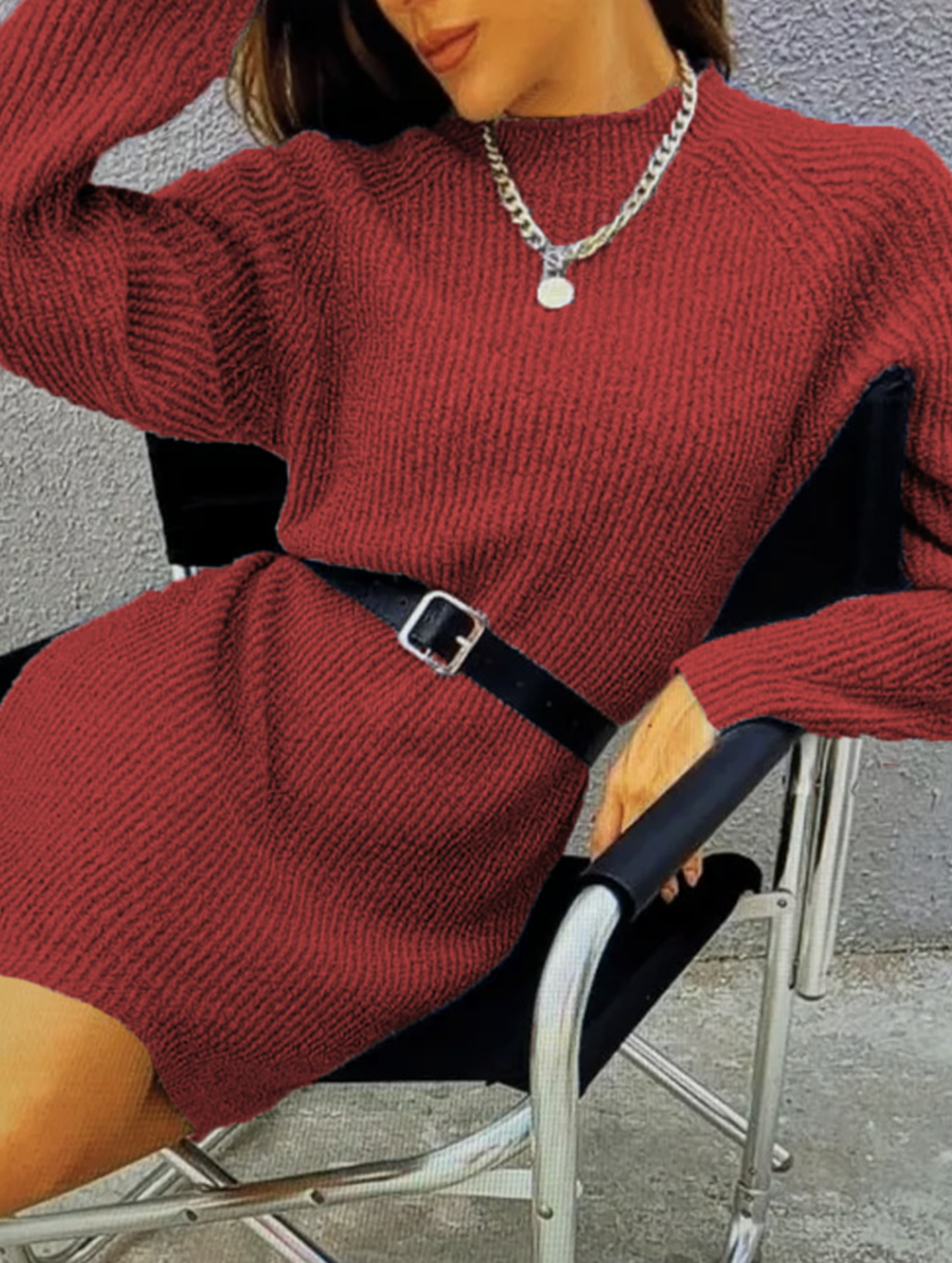 Knit plain color loose long-sleeved dress