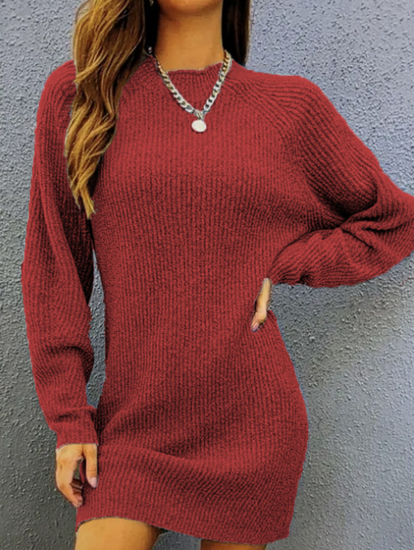 Knit plain color loose long-sleeved dress