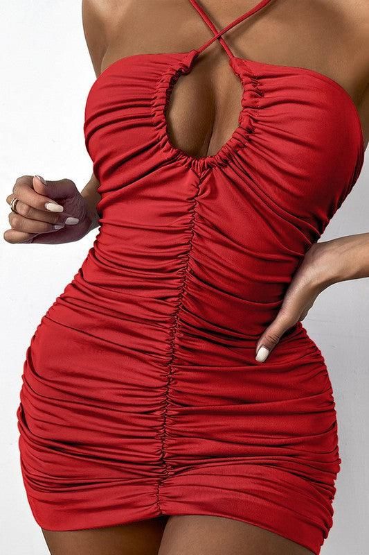 SEXY HALTER NECK RUCHED FRONT MINI DRESS - Doublju