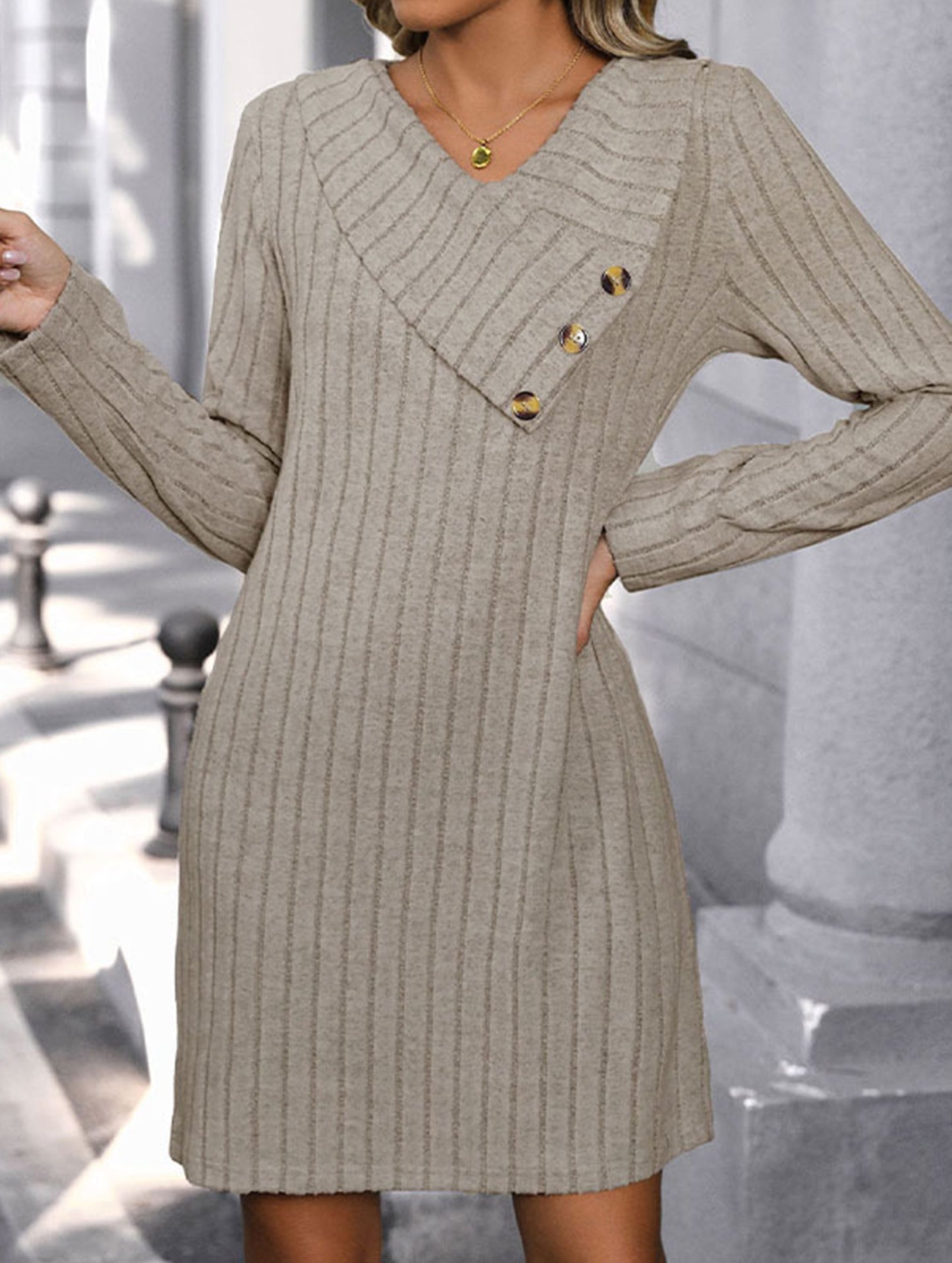 Knit button-down collar dress