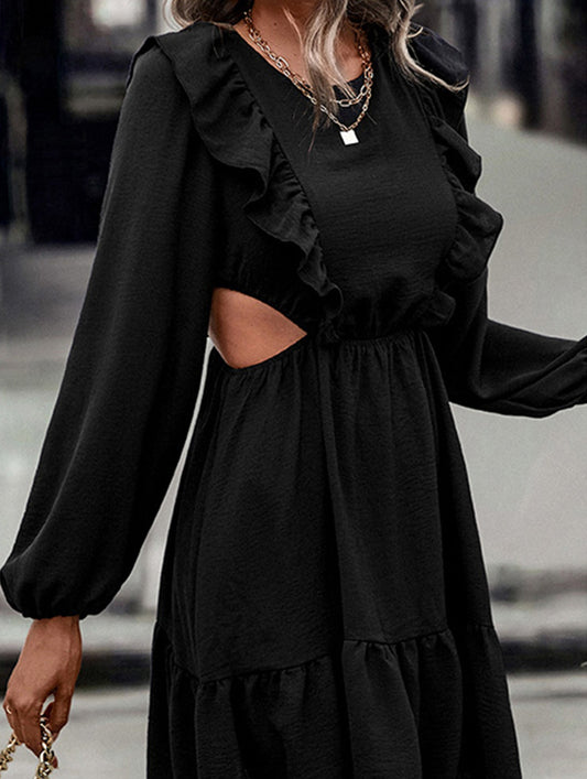 Lace-up lace leaf hem splice bare-waist dress