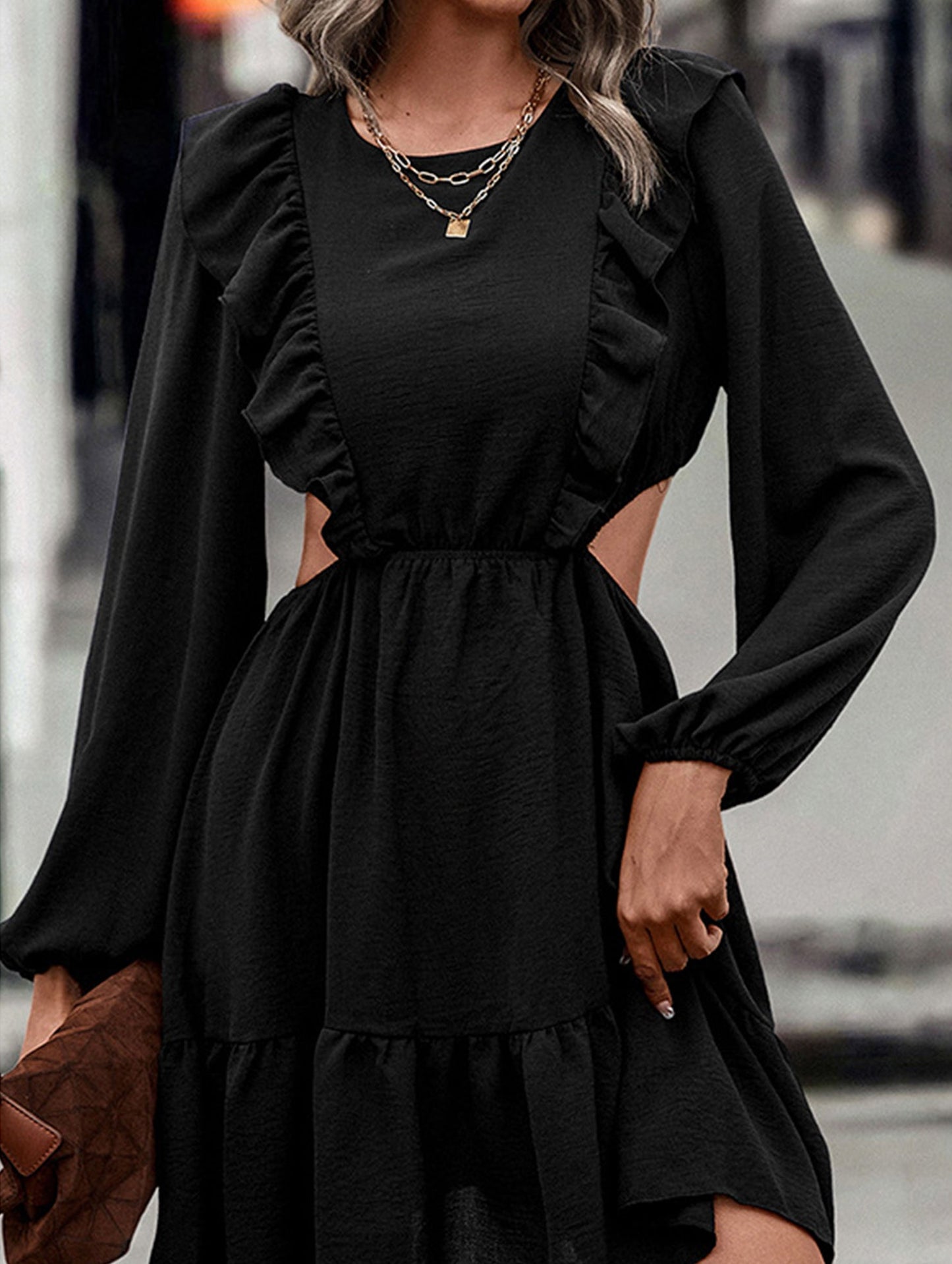 Lace-up lace leaf hem splice bare-waist dress