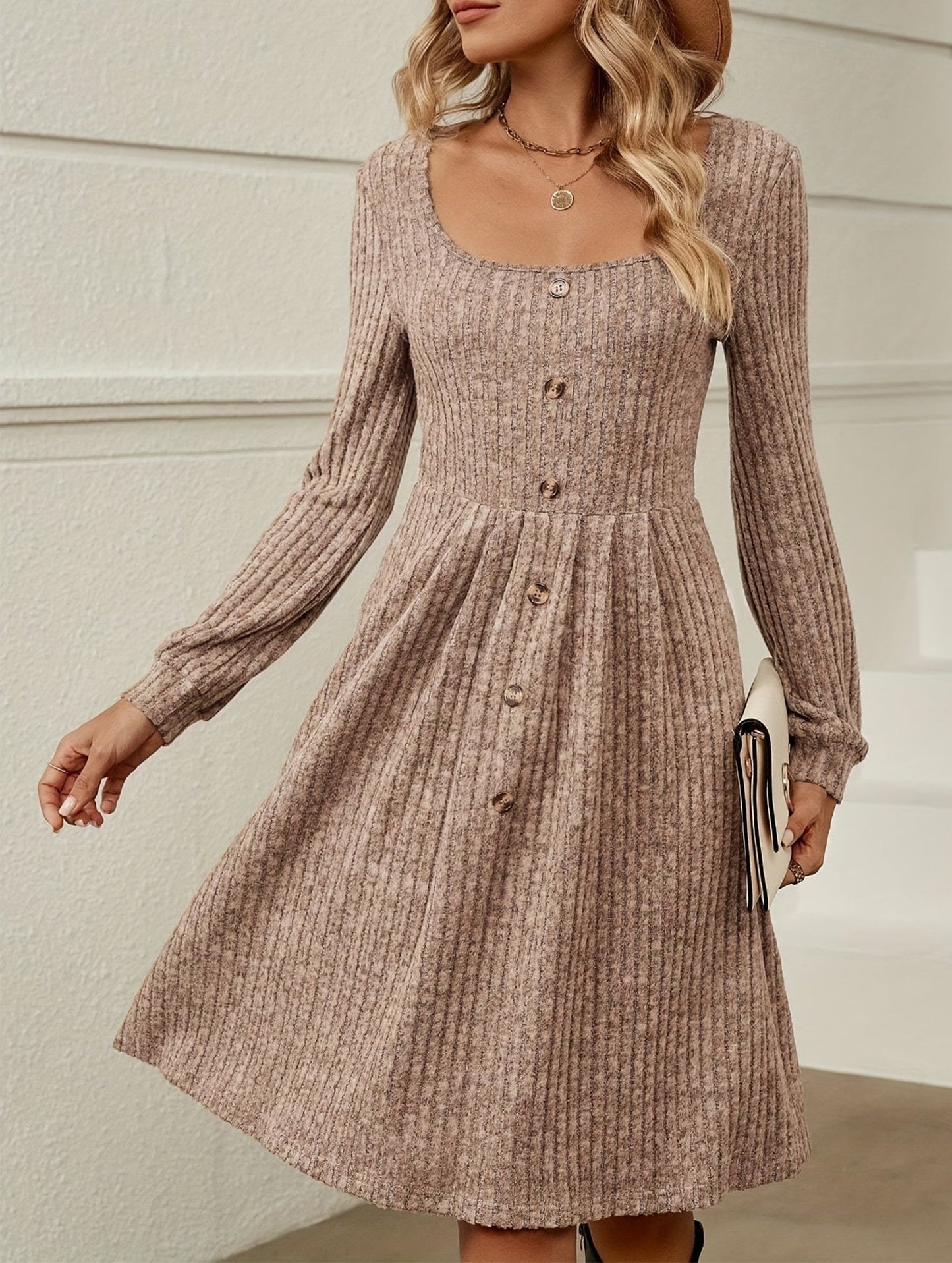 Loose solid color striped long-sleeved dress