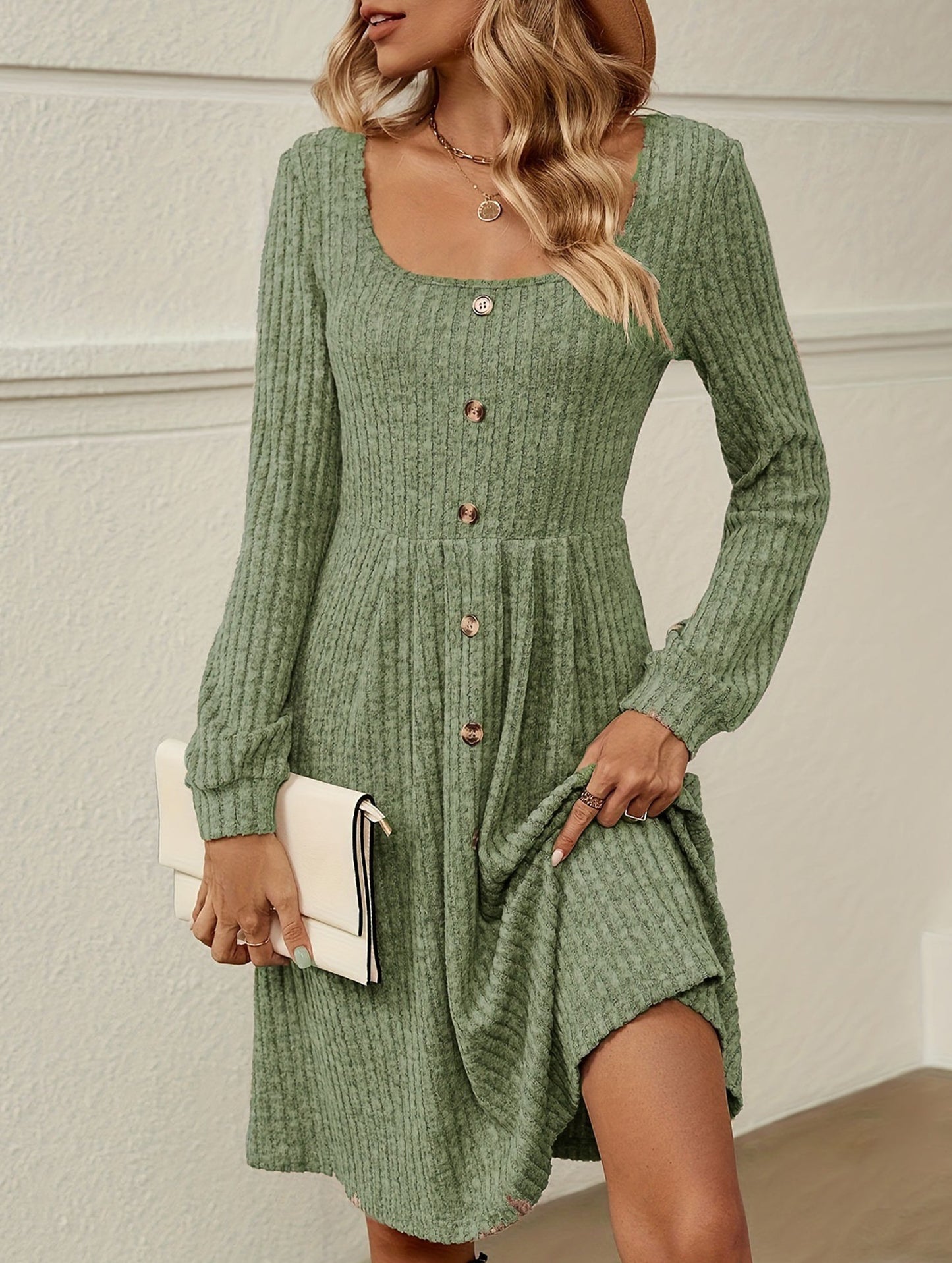 Loose solid color striped long-sleeved dress