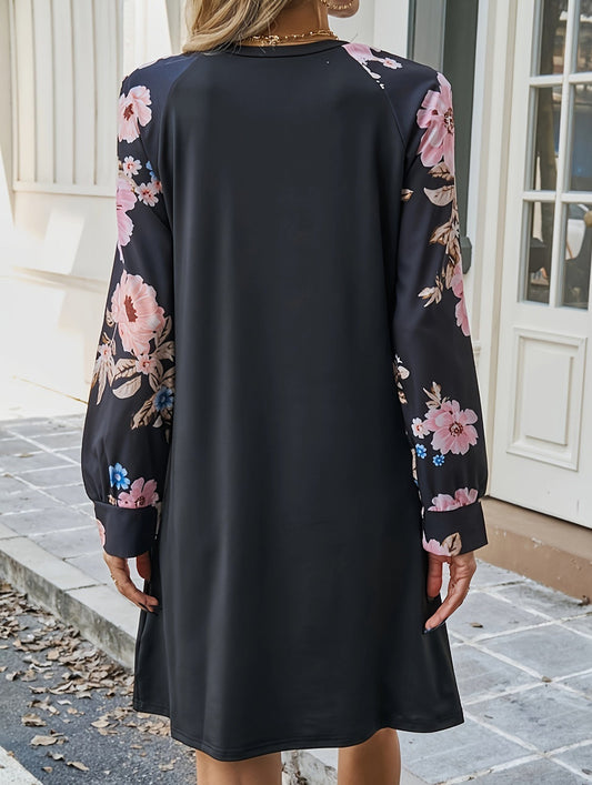 Round neck printed loose long-sleeved dress