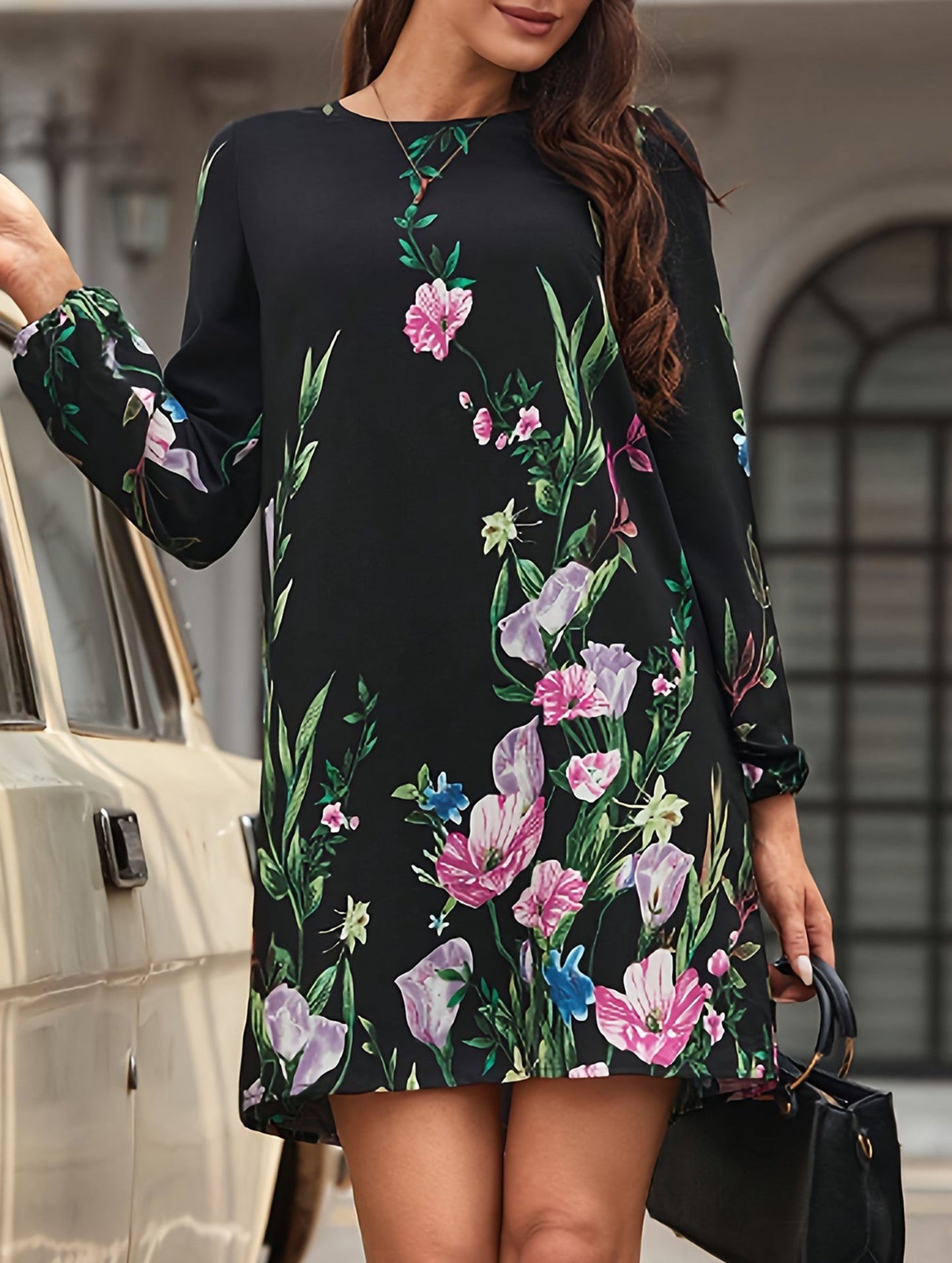 Round neck long sleeve plus size dress