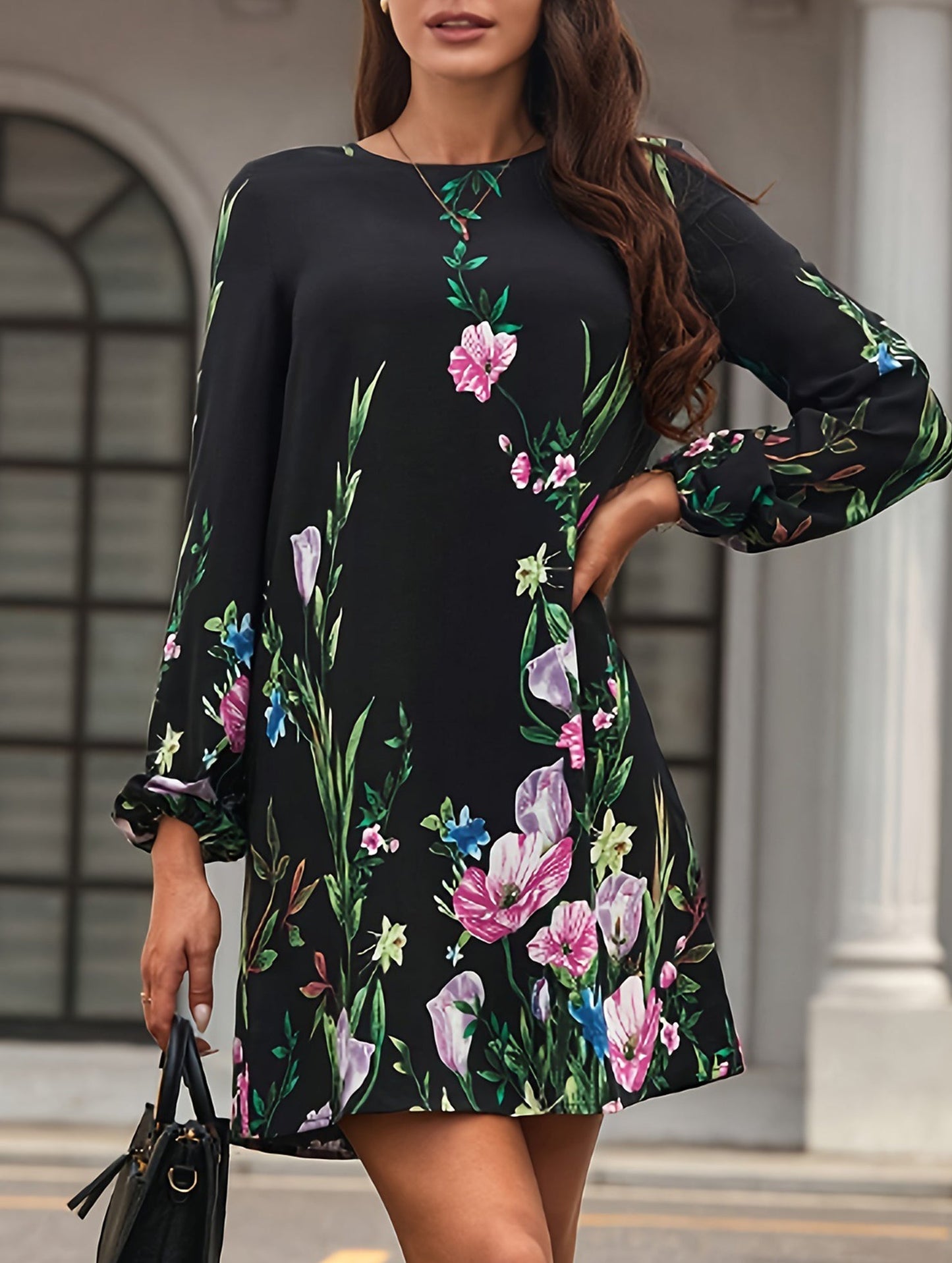 Round neck long sleeve plus size dress