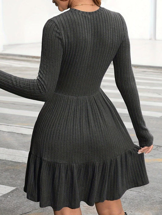 Striped Crew Neck Knit Sweater Dress