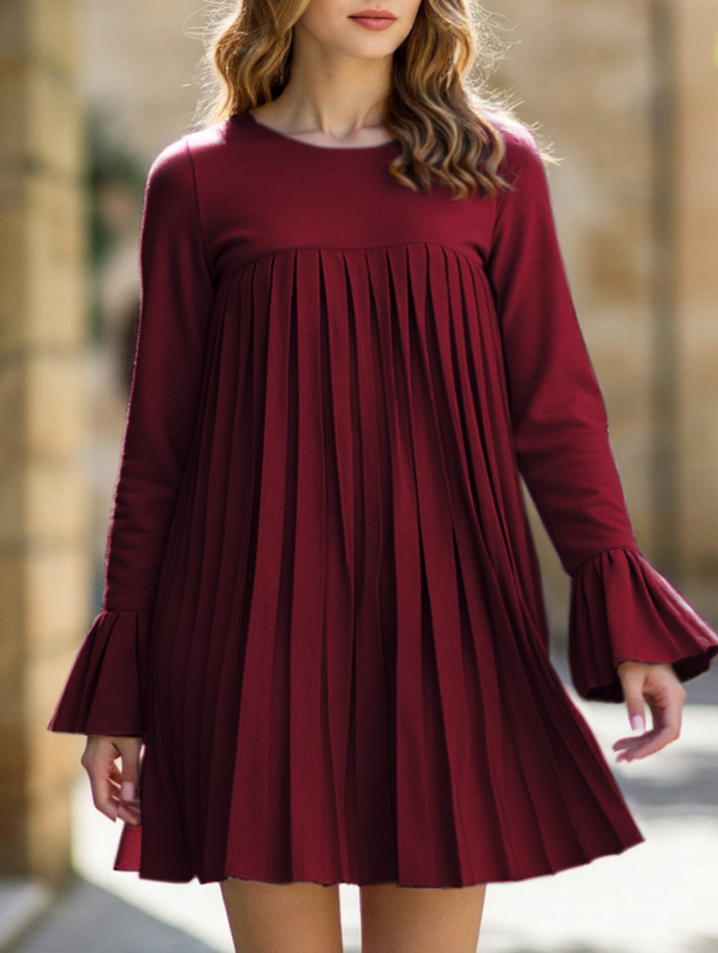 Fashion solid color pleated dress