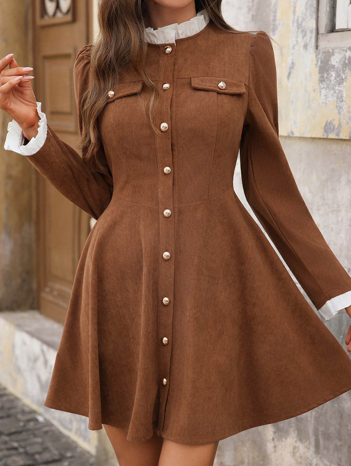 Retro ruffled long-sleeved dress