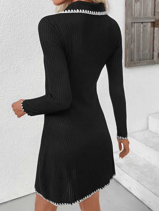 Knitted slim-fitting A-line long-sleeved dress