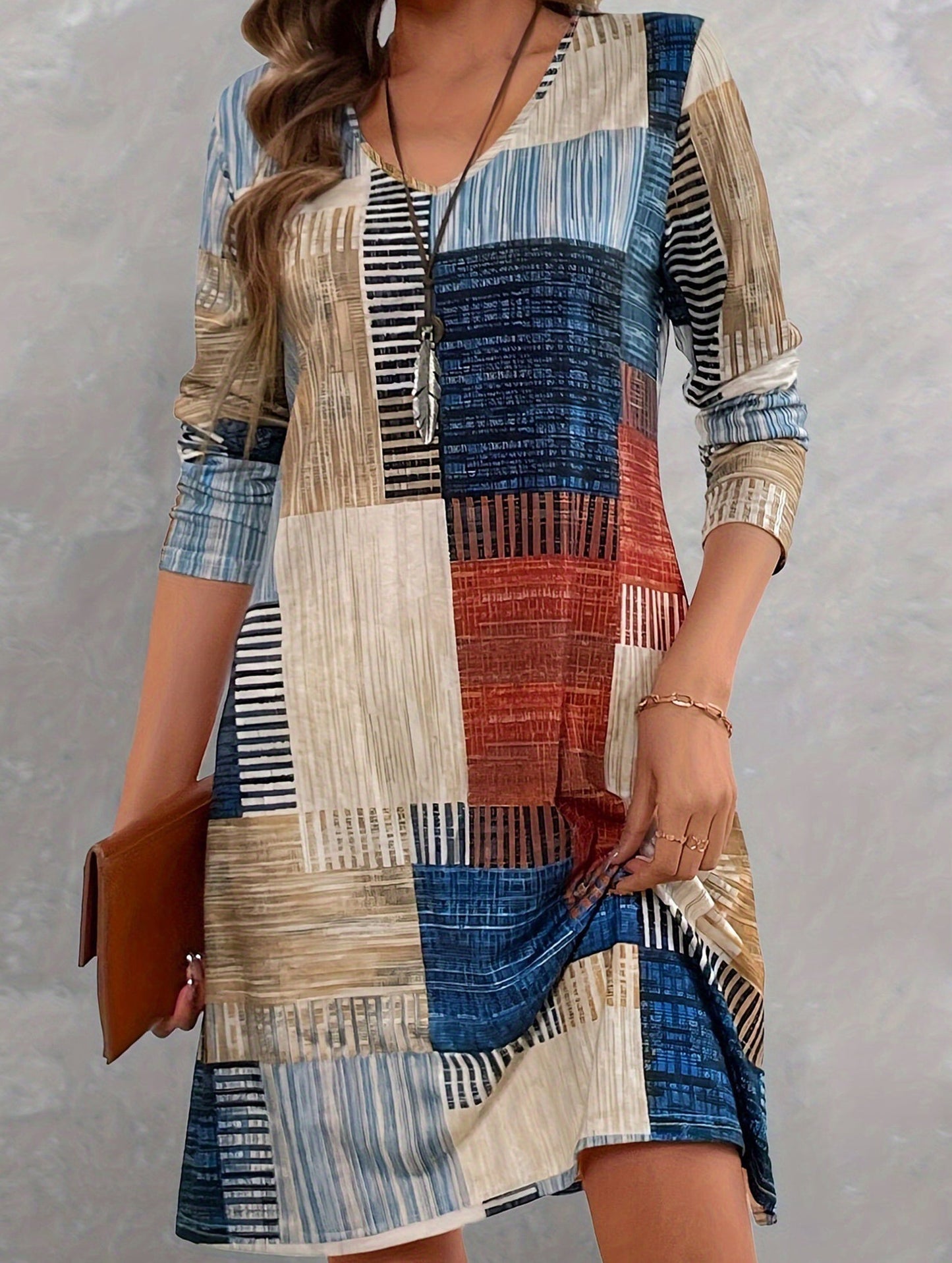 Fashionable V-neck Colorful Plaid Dress