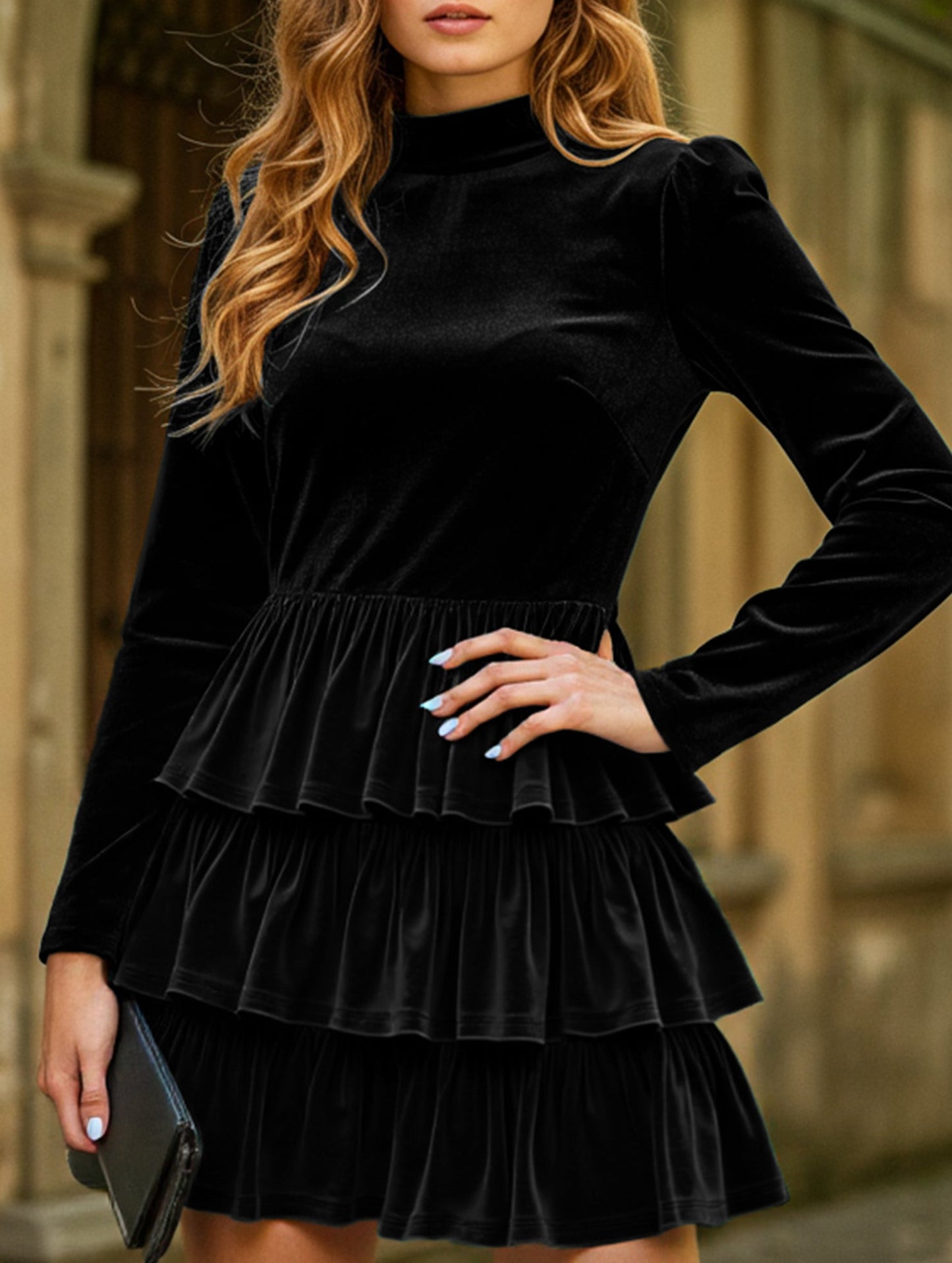 Pleated solid color high waist slim dress