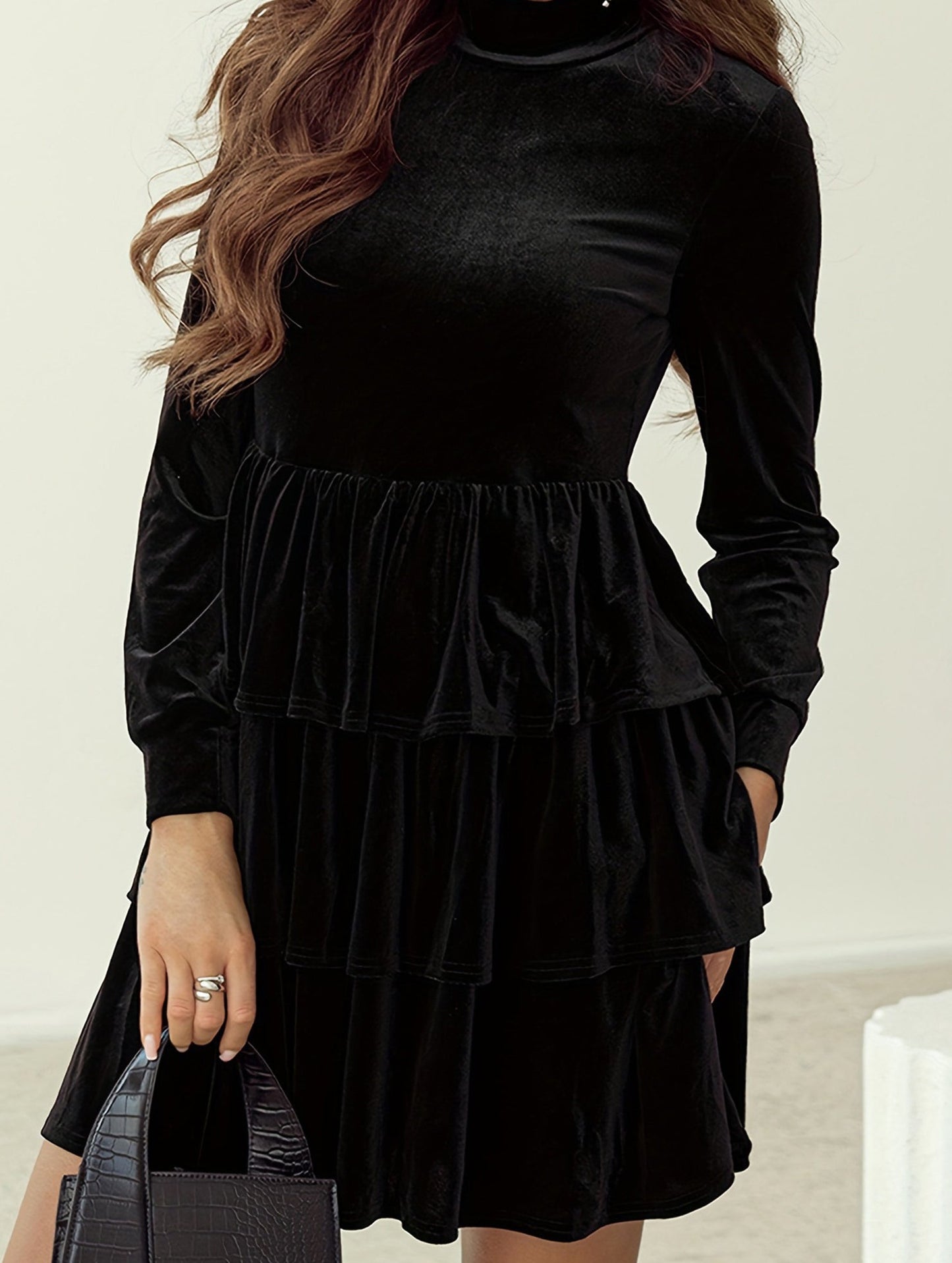 Pleated solid color high waist slim dress