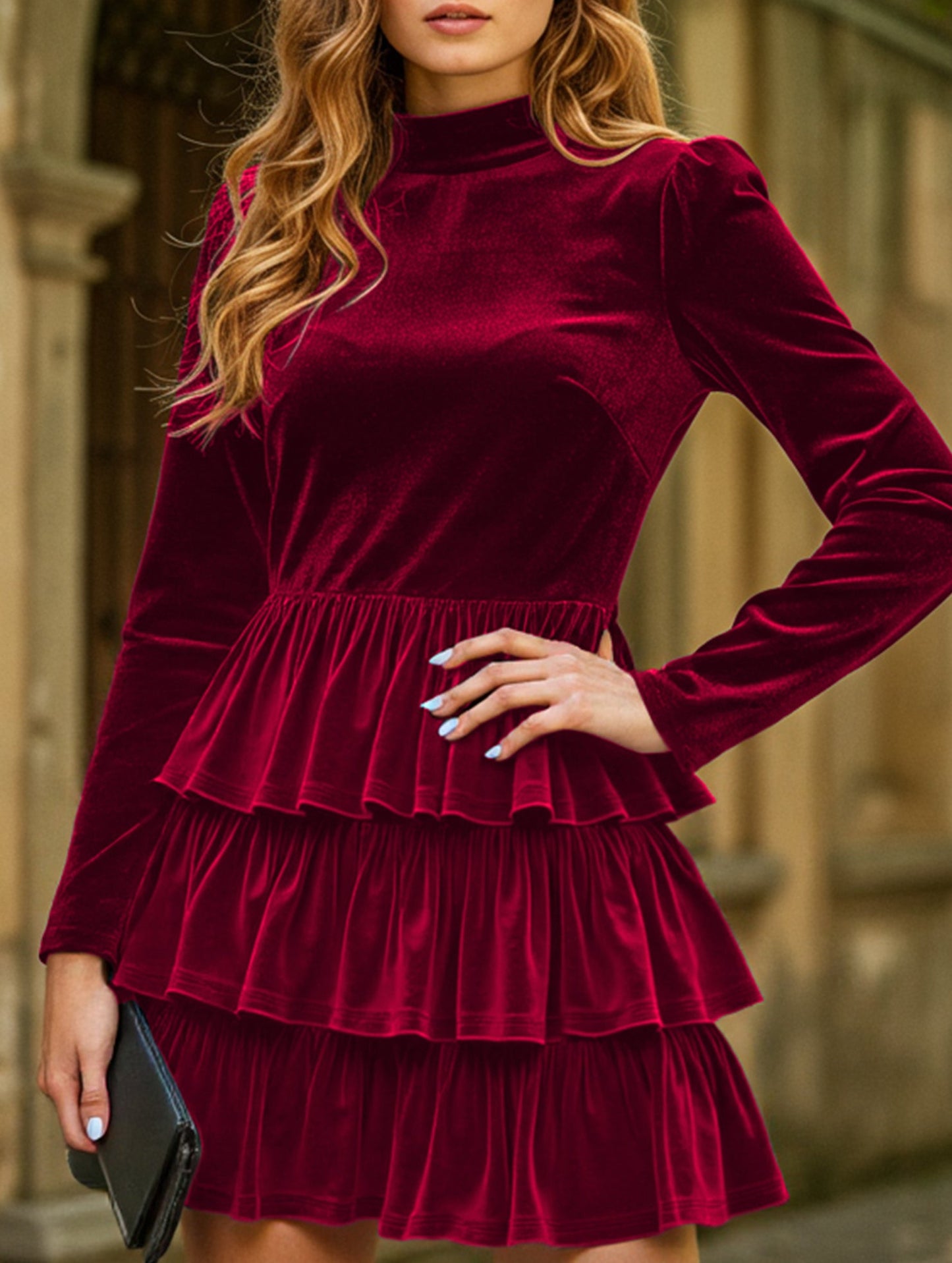 Pleated solid color high waist slim dress