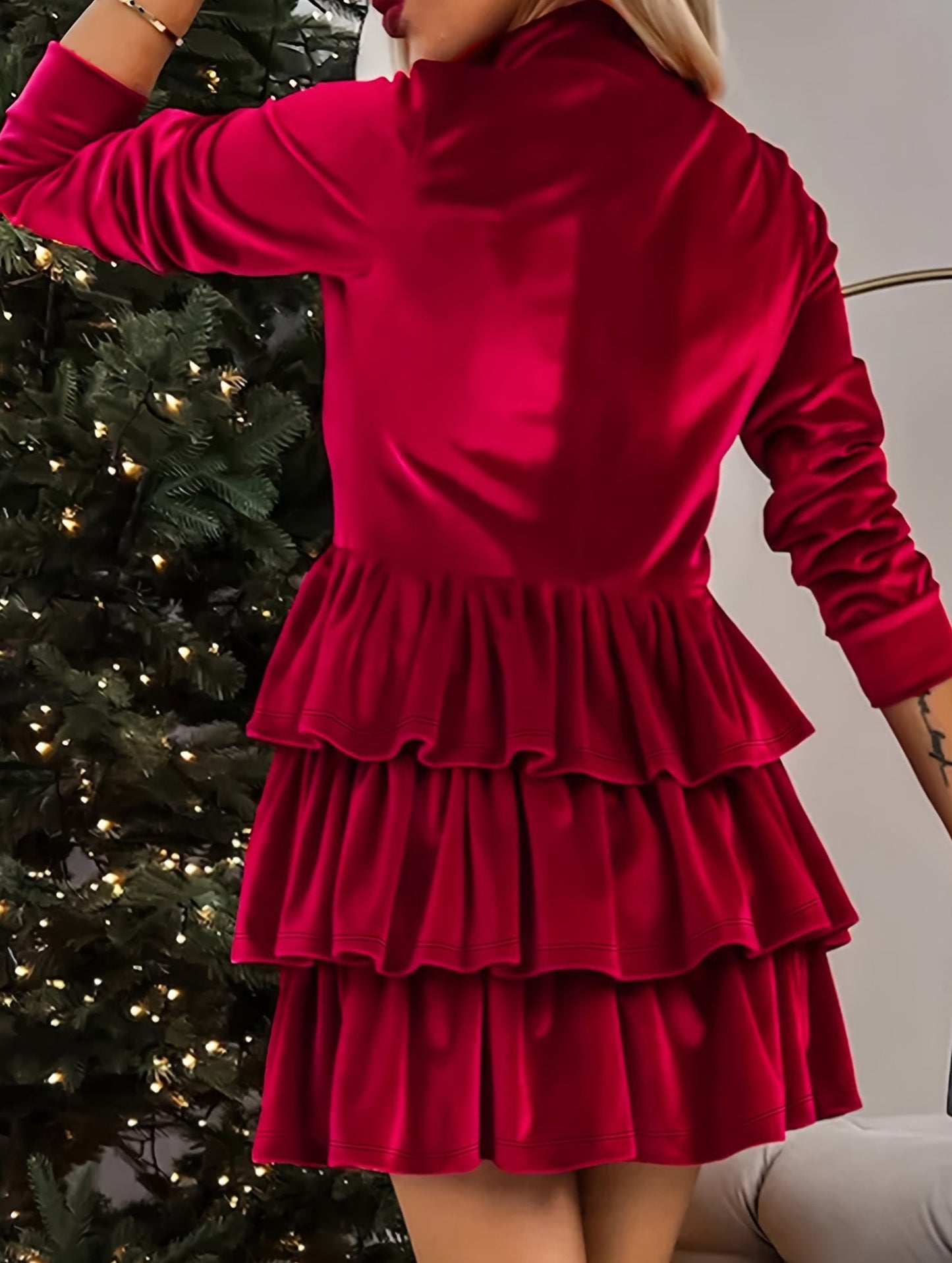 Pleated solid color high waist slim dress