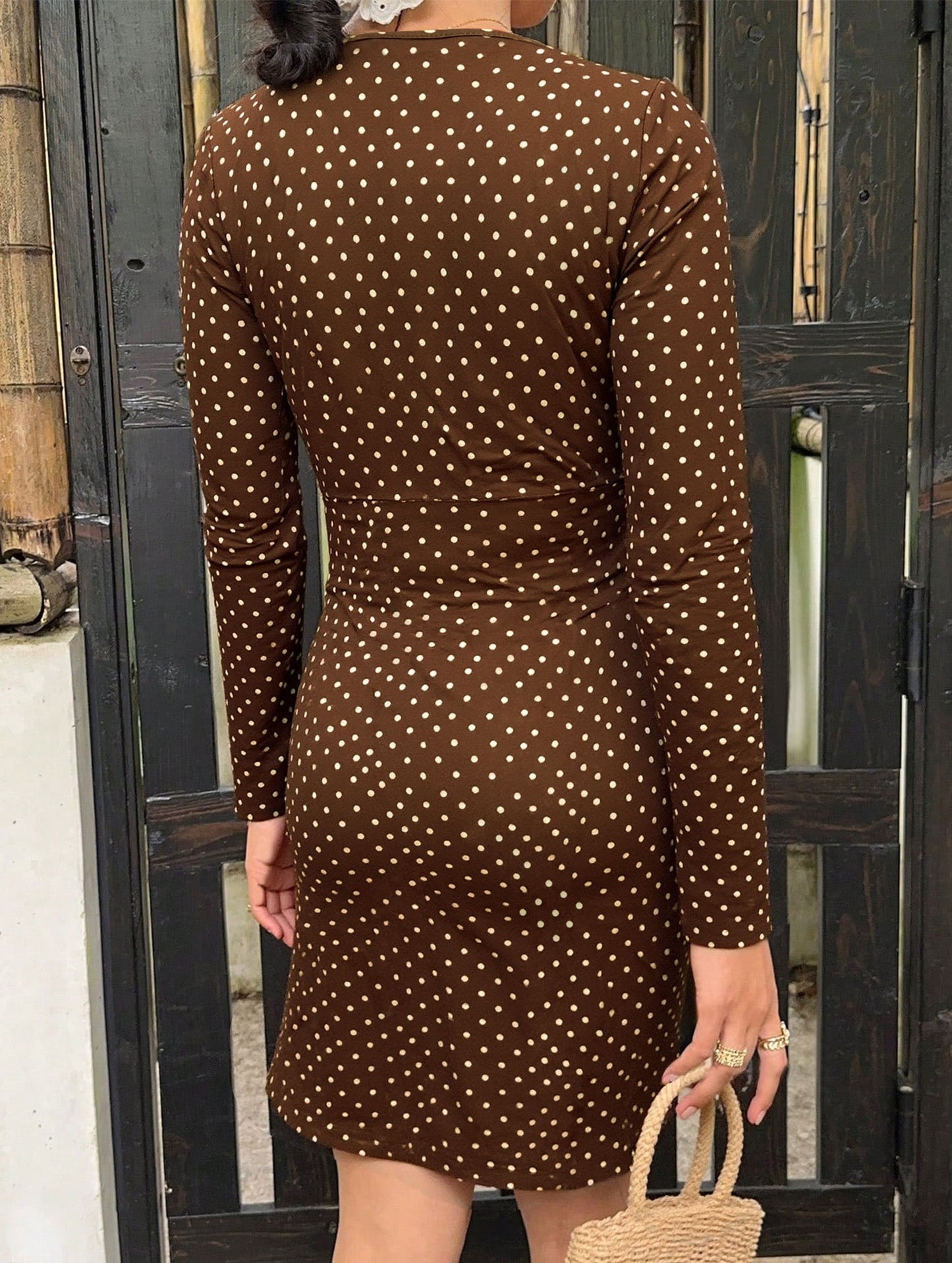 V-neck lace polka dot slim-fit hip dress