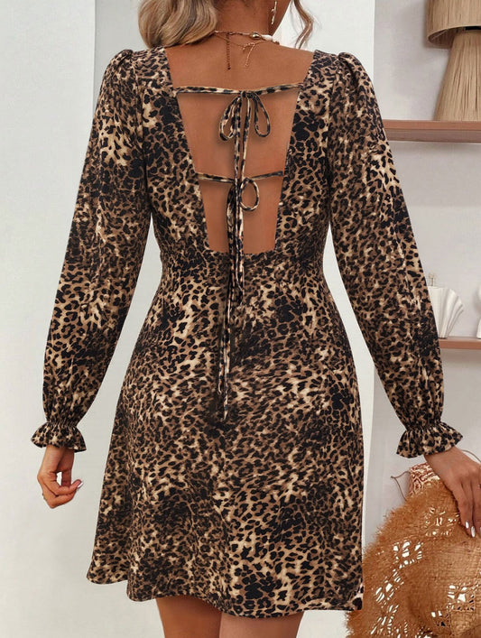 Backless V-neck long-sleeved leopard print dress