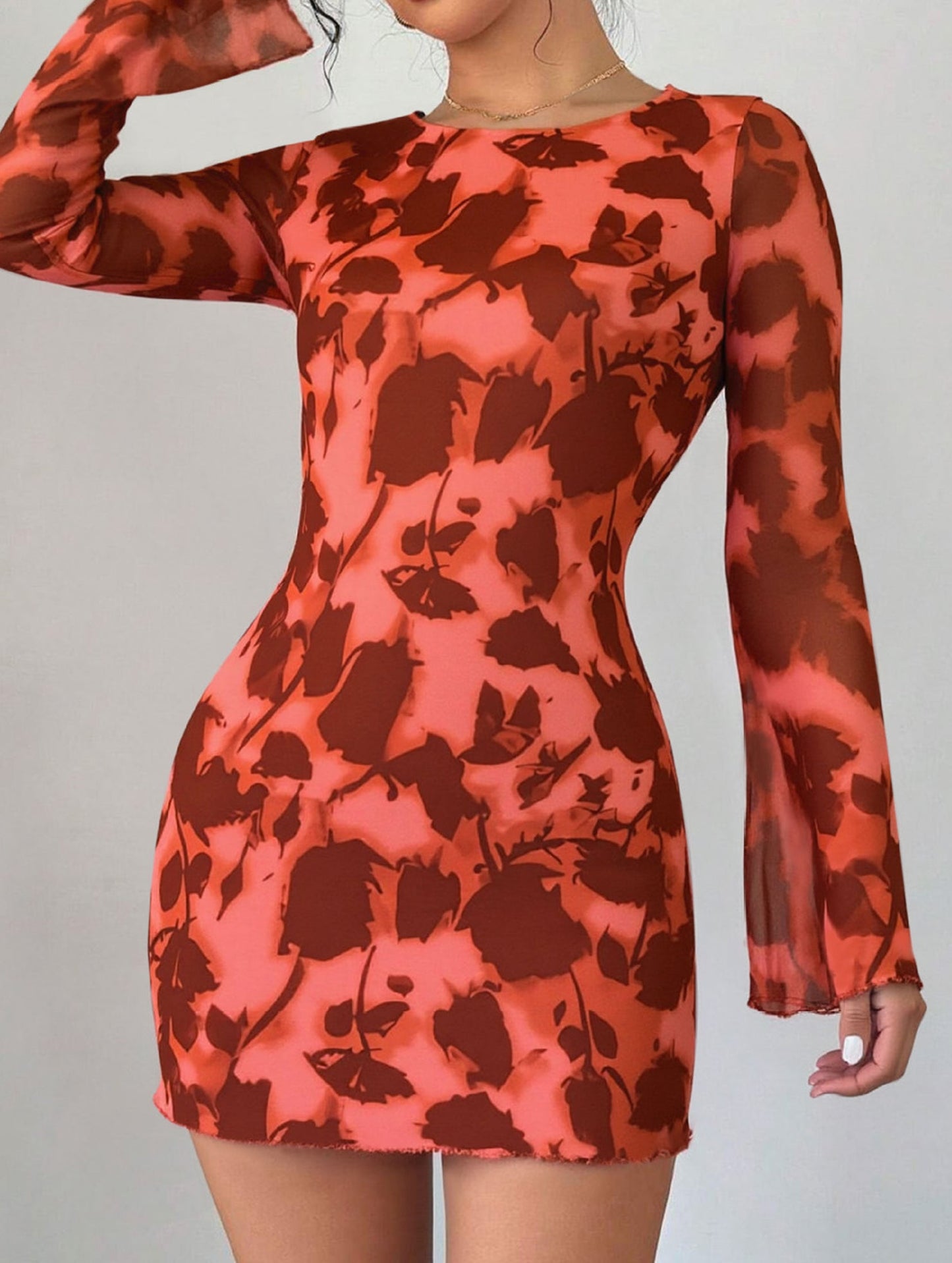 Backless Mesh Print Hip-Wrap Long Sleeve Dress