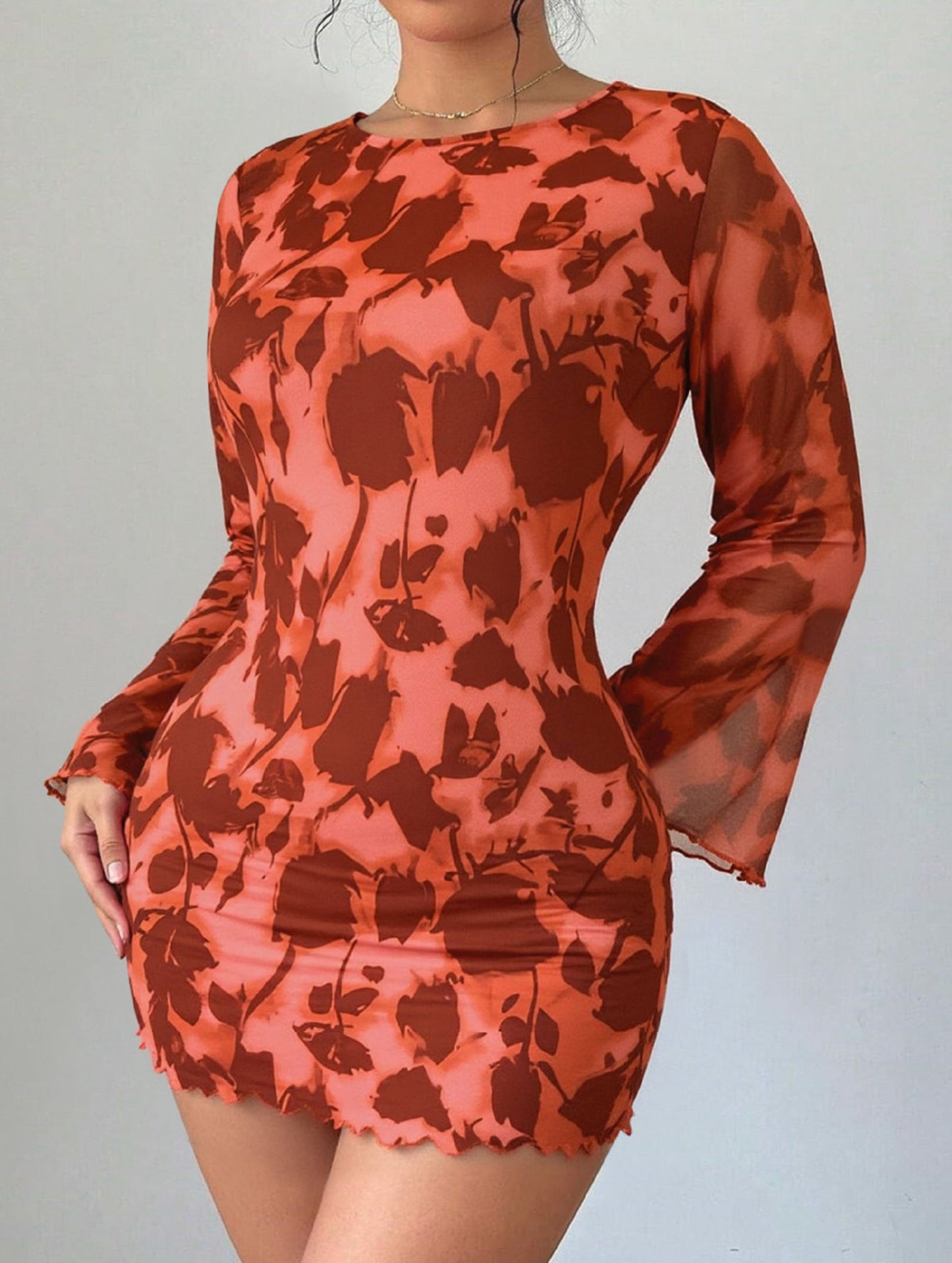 Backless Mesh Print Hip-Wrap Long Sleeve Dress
