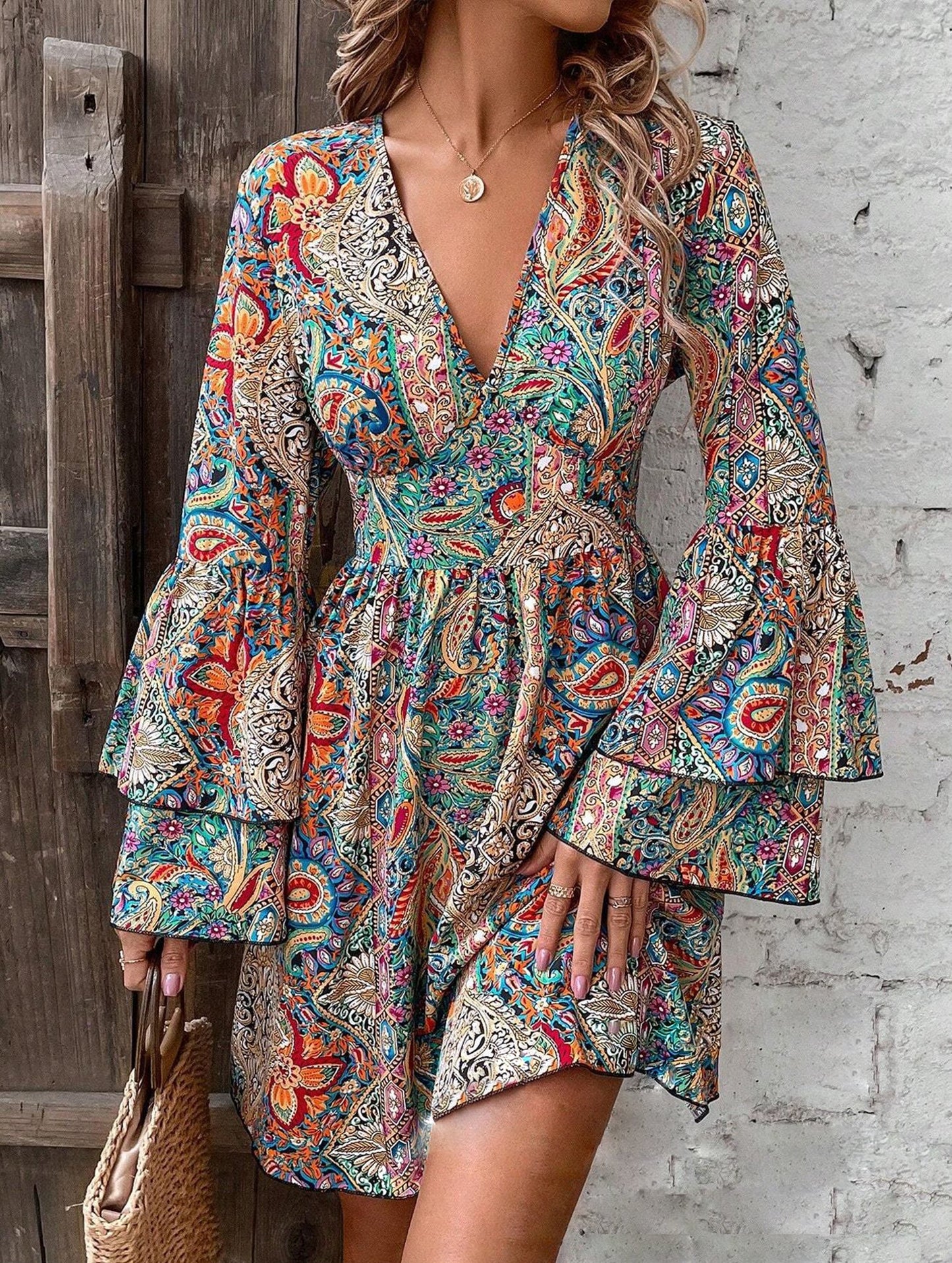 Women's Floral Print V-Neck Bell Sleeve Dress