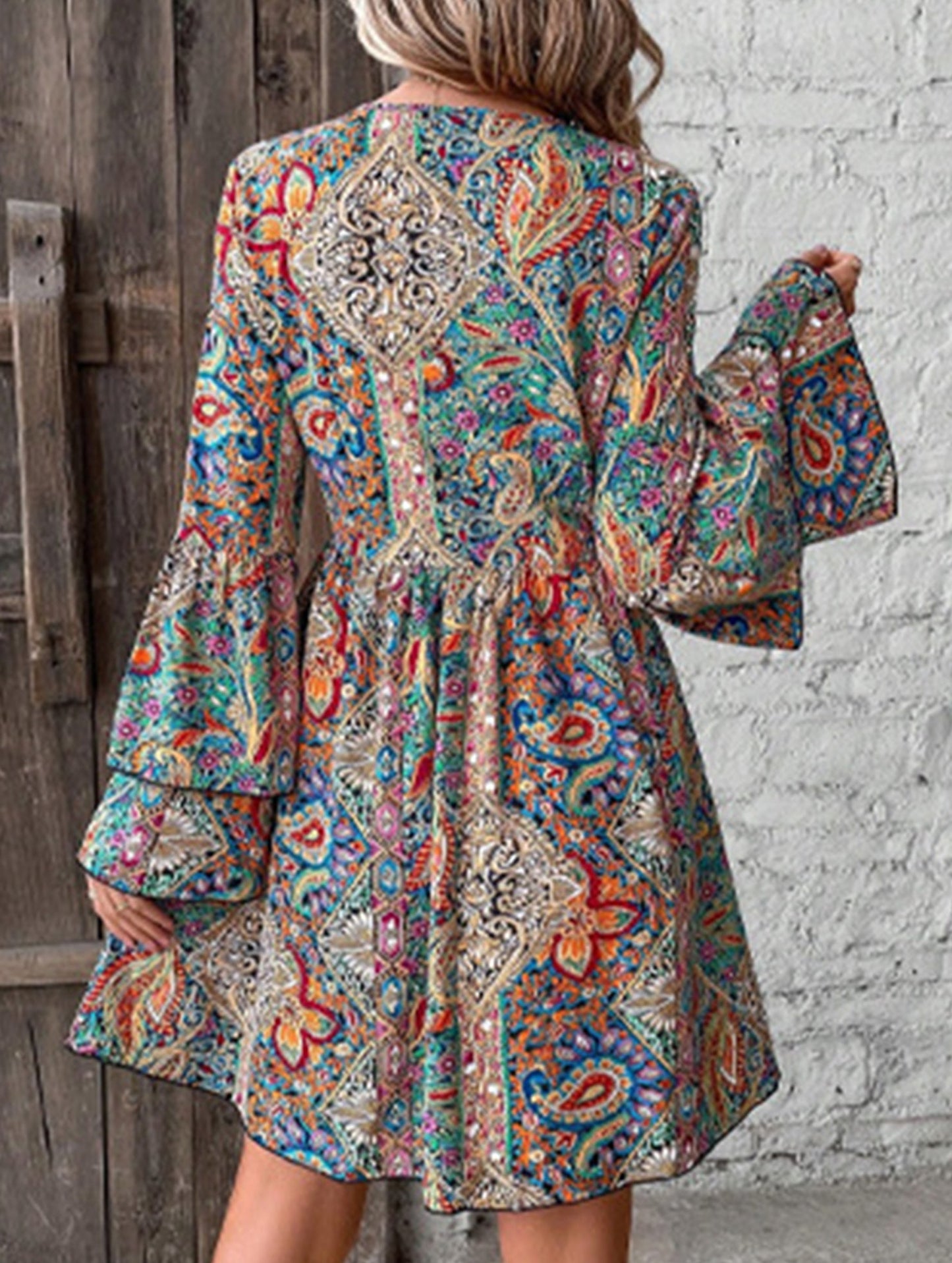 Women's Floral Print V-Neck Bell Sleeve Dress