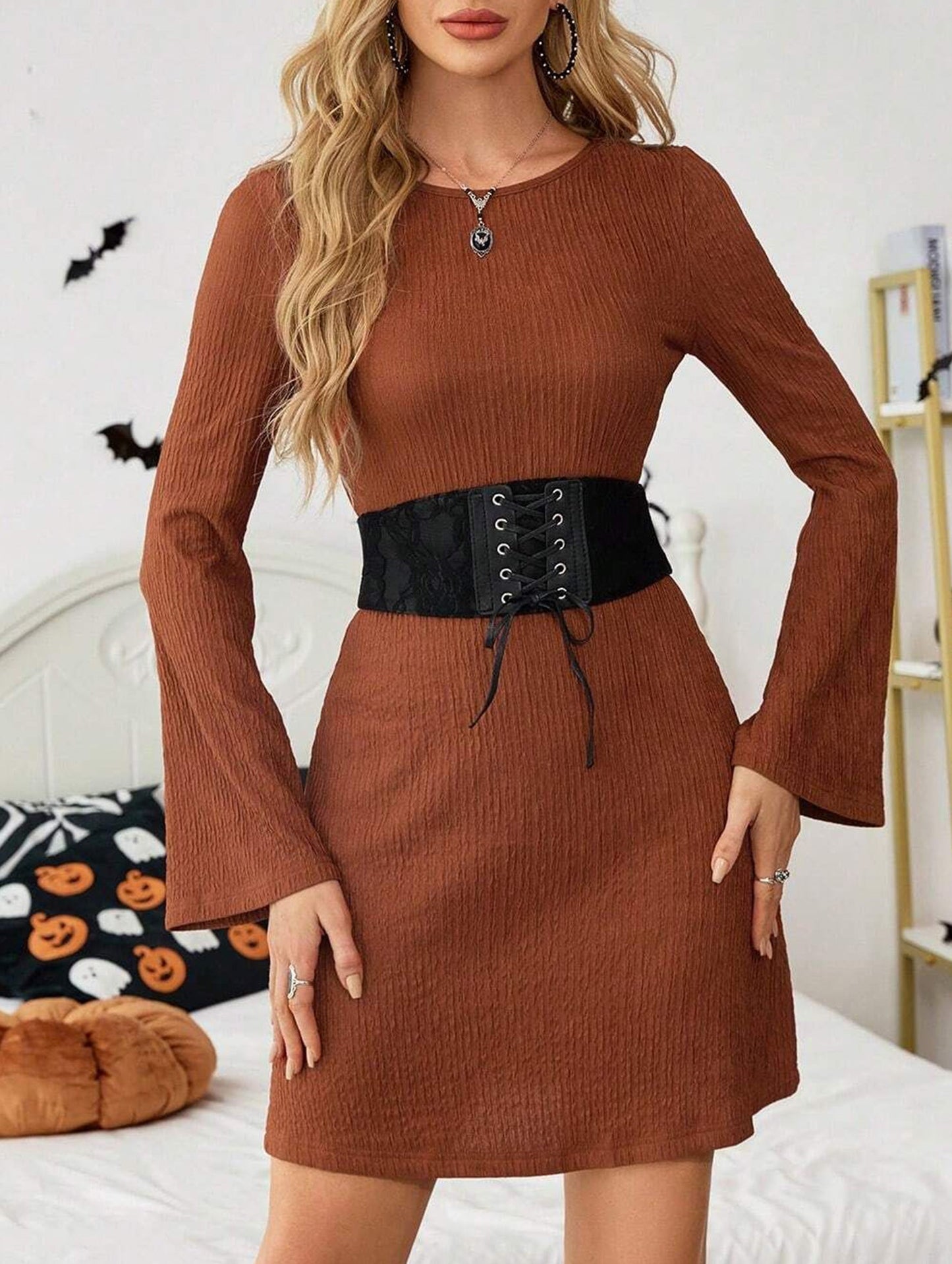 Brown Textured Open Back Bow Dress