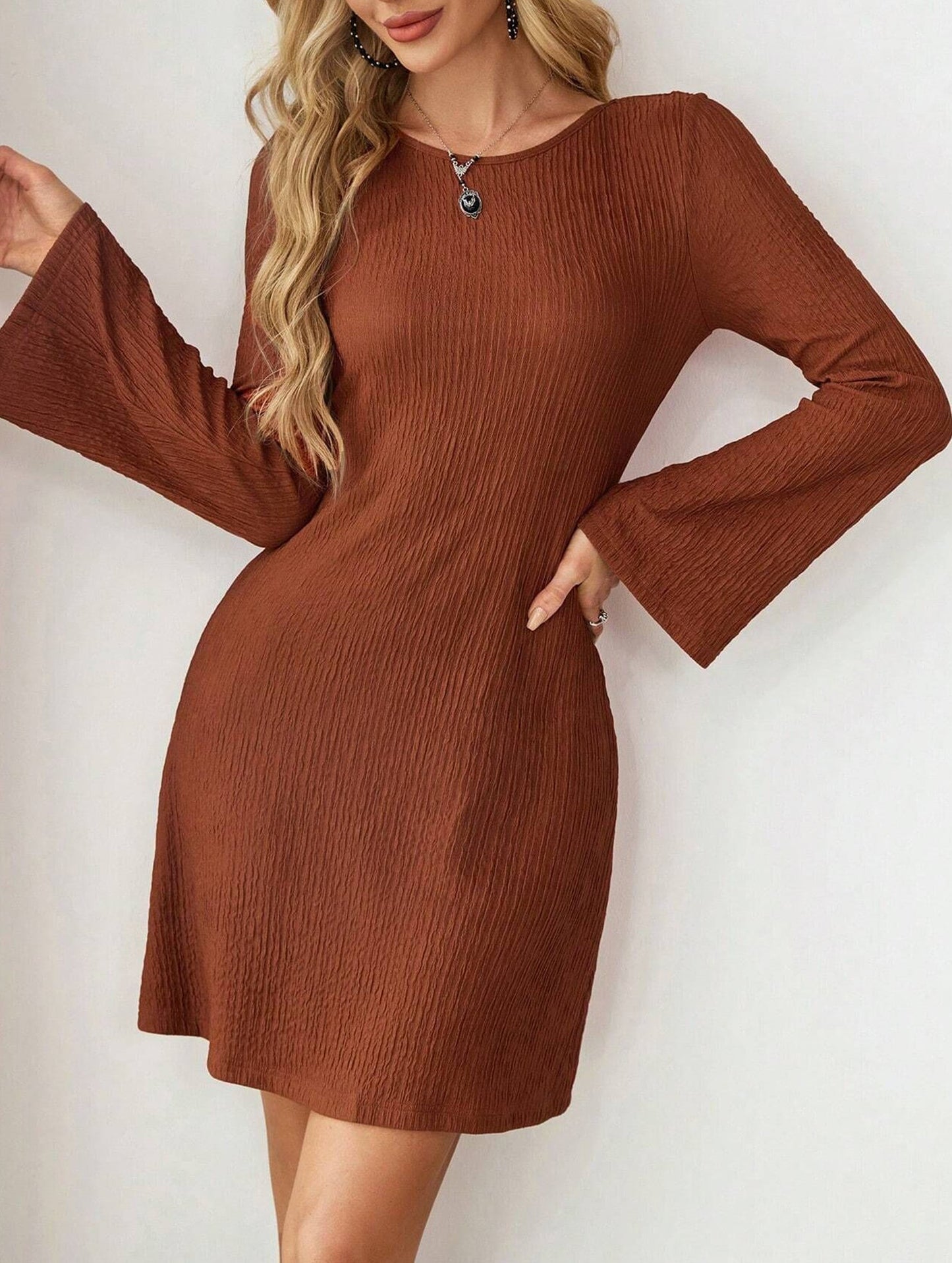 Brown Textured Open Back Bow Dress